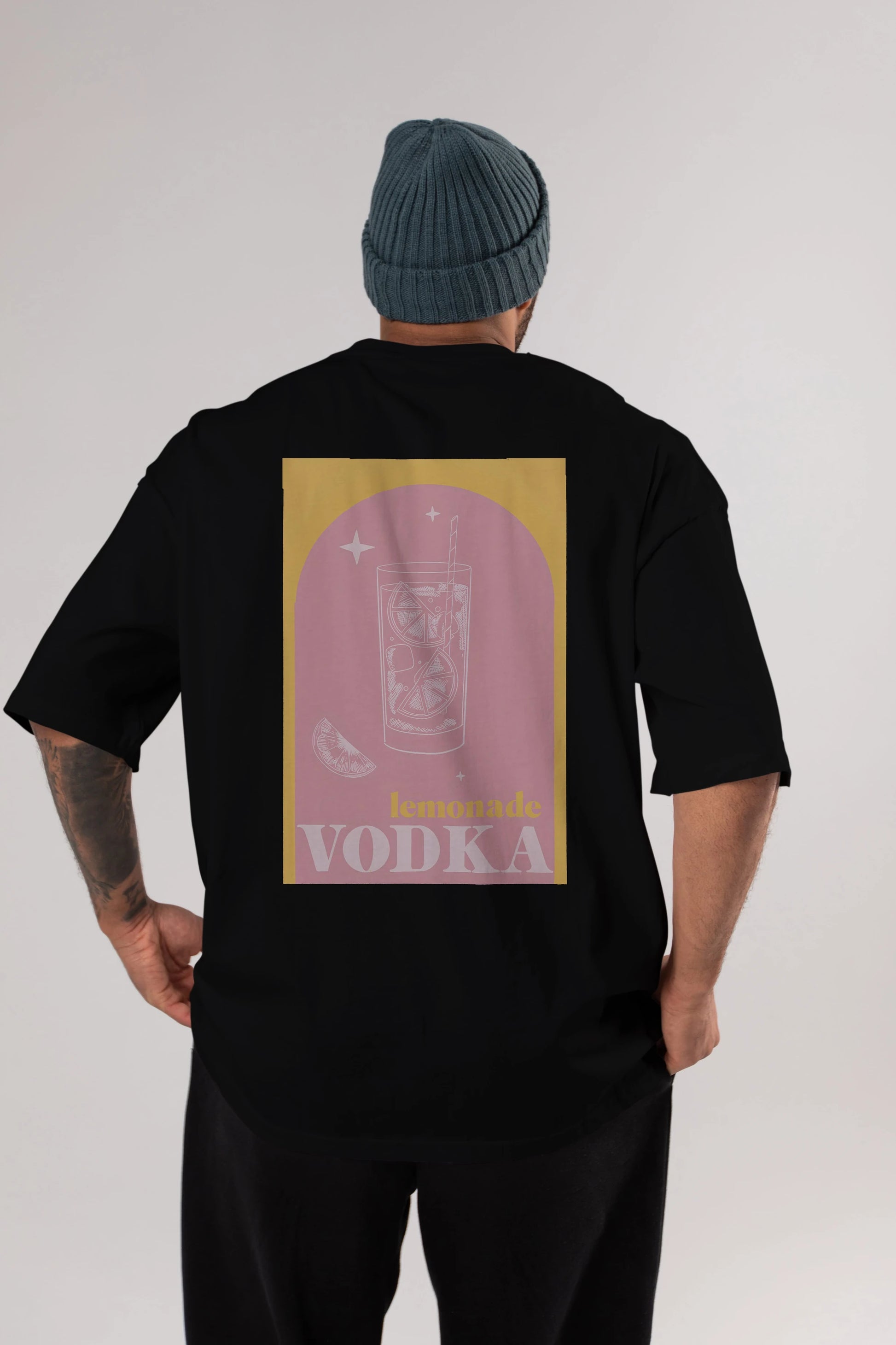 Vodka Limon Arka Baskılı Oversize t-shirt Erkek Kadın Unisex %100 Pamuk Bisiklet Yaka tişort