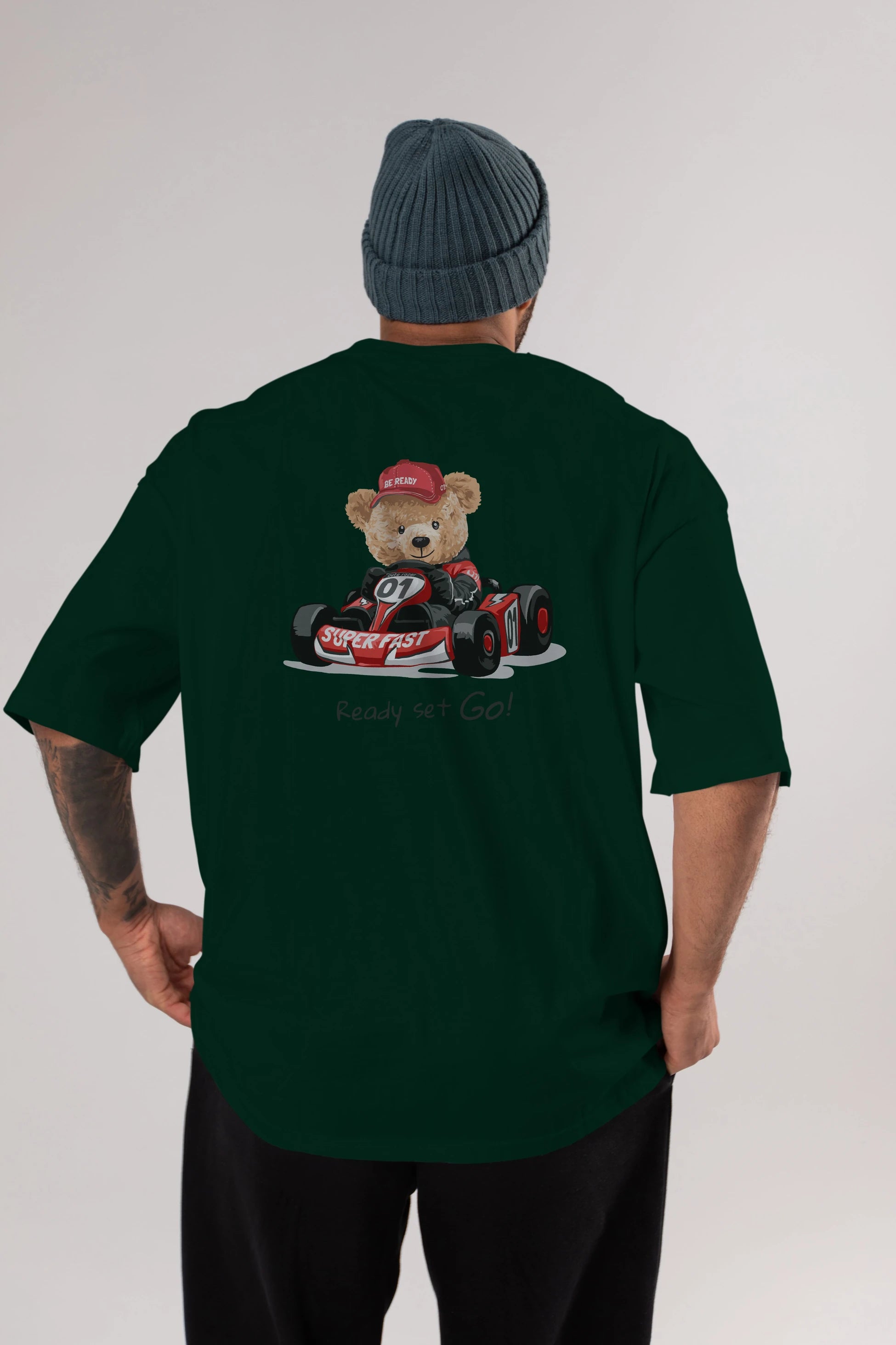 Teddy Bear Ready Set Go Arka Baskılı Oversize t-shirt Erkek Kadın Unisex %100 Pamuk
