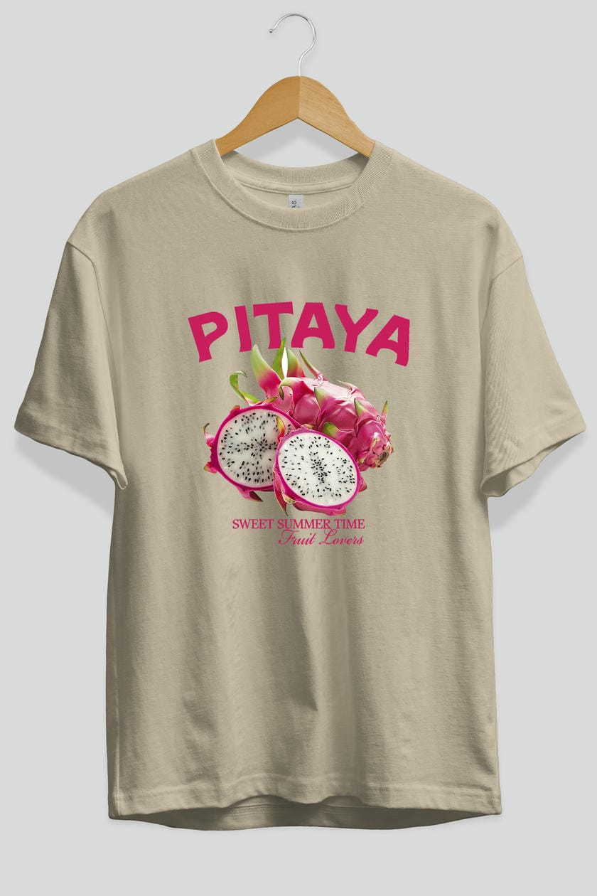 Pitaya Ön Baskılı Oversize t-shirt Erkek Kadın Pamuk Bisiklet Yaka tişort