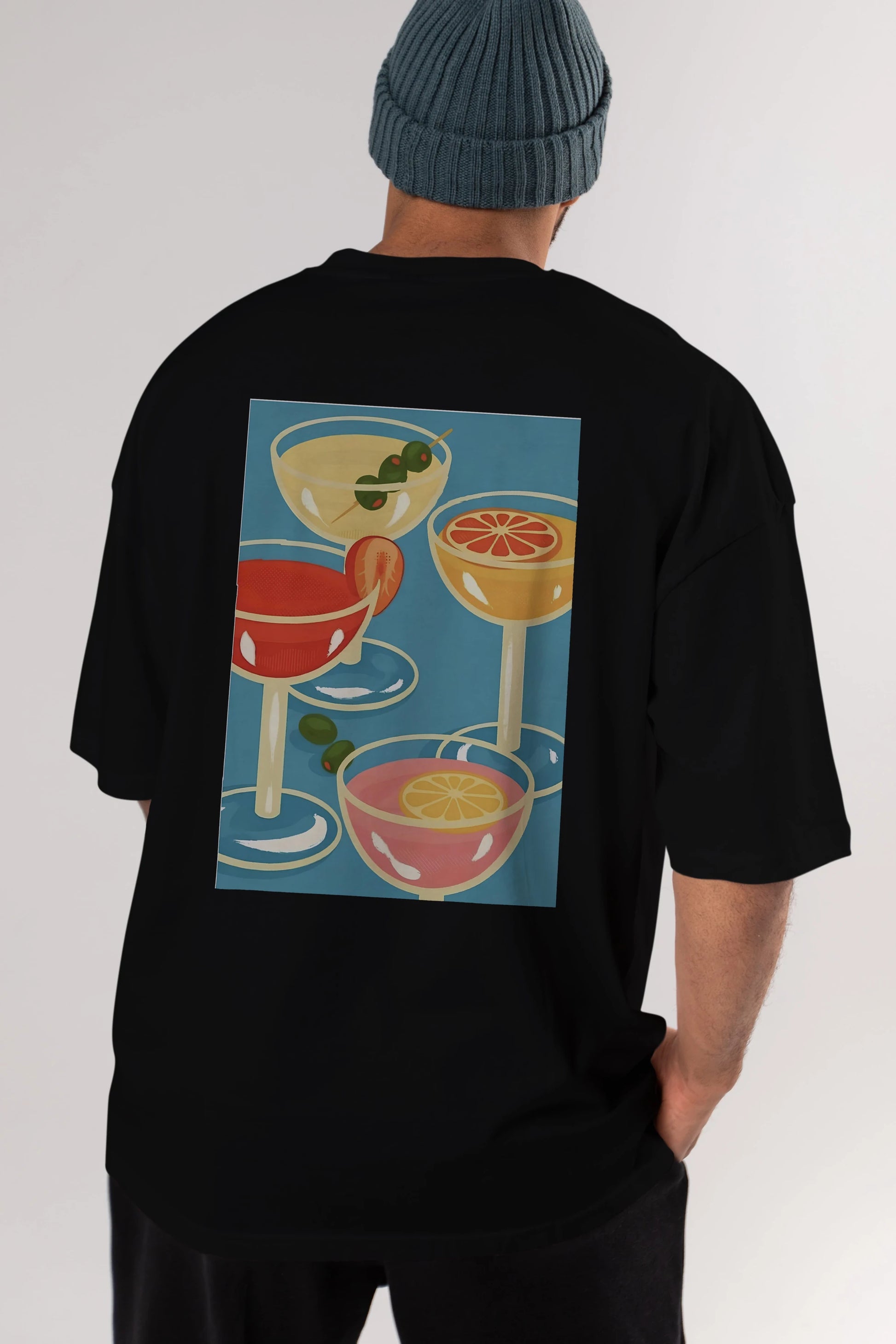 Cocktails Arka Baskılı Oversize t-shirt Erkek Kadın Unisex %100 Pamuk Bisiklet Yaka tişort