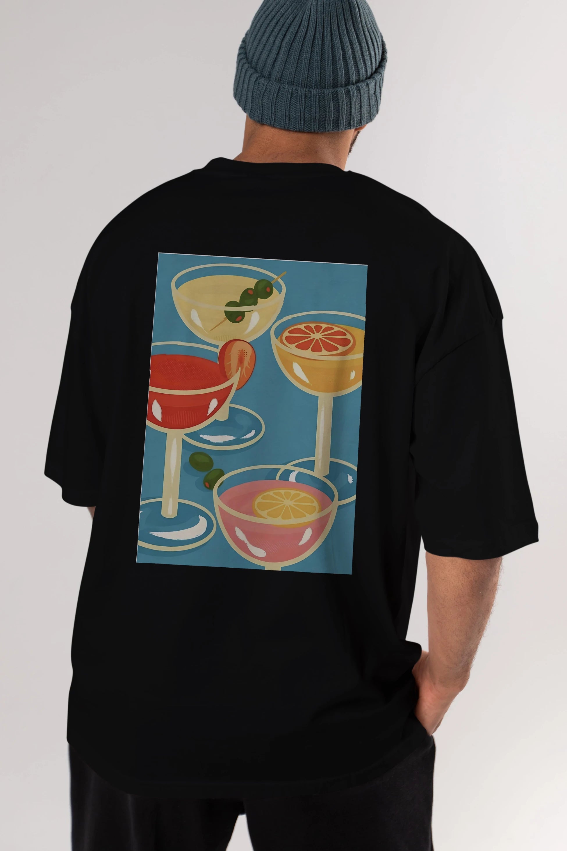 Cocktails Arka Baskılı Oversize t-shirt Erkek Kadın Unisex %100 Pamuk Bisiklet Yaka tişort