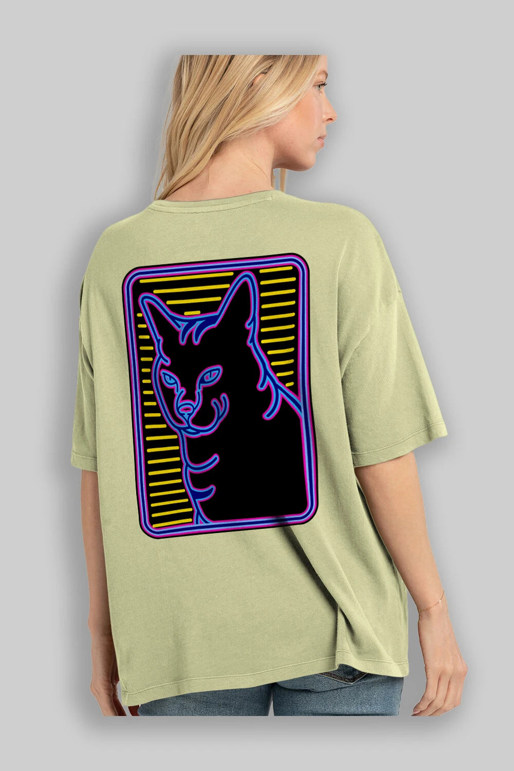 Neon Cat Arka Baskılı Oversize t-shirt Erkek Kadın Unisex
