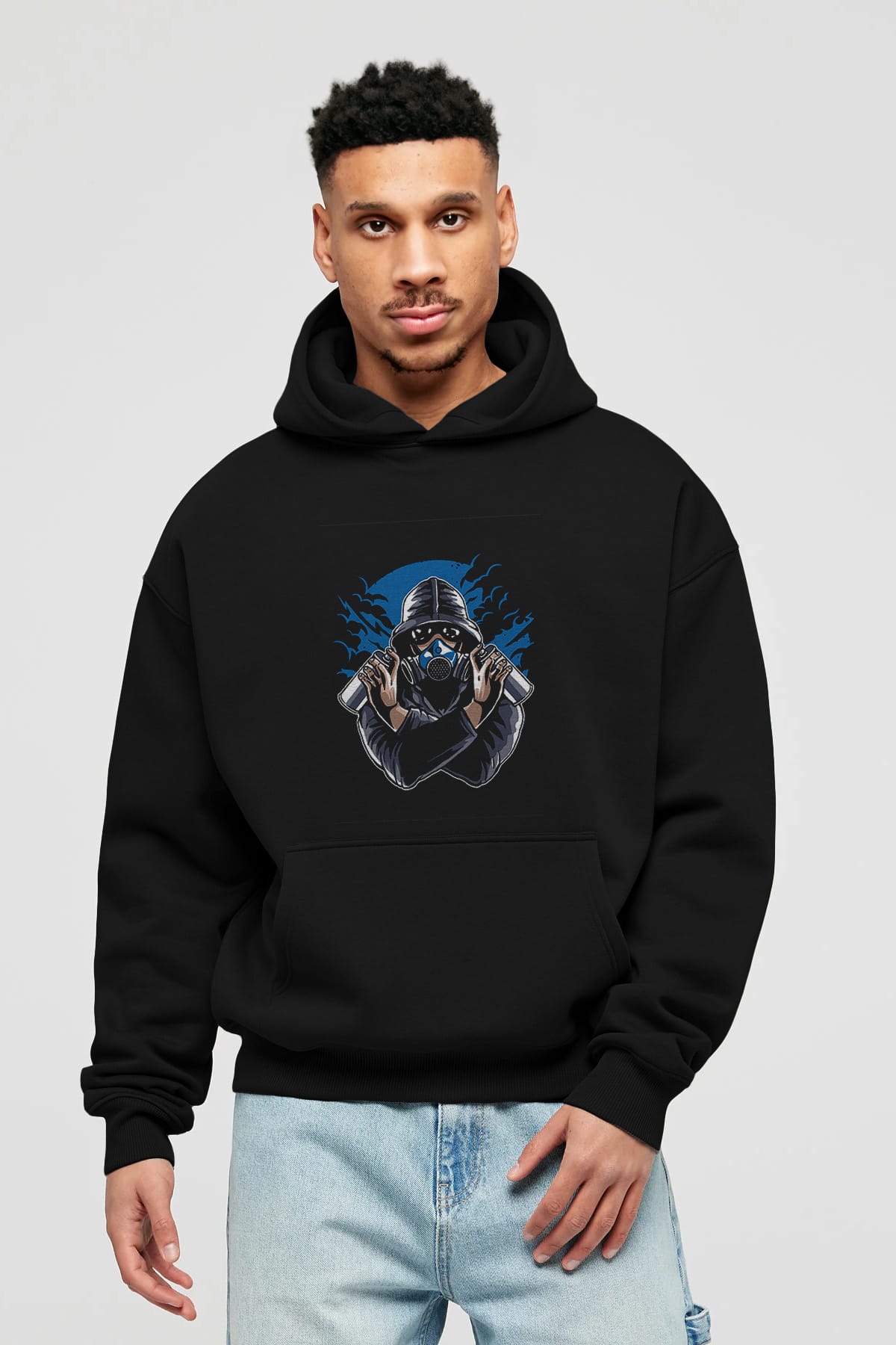 Graffiti Gasmask Ön Baskılı Hoodie Oversize Kapüşonlu Sweatshirt Erkek Kadın Unisex