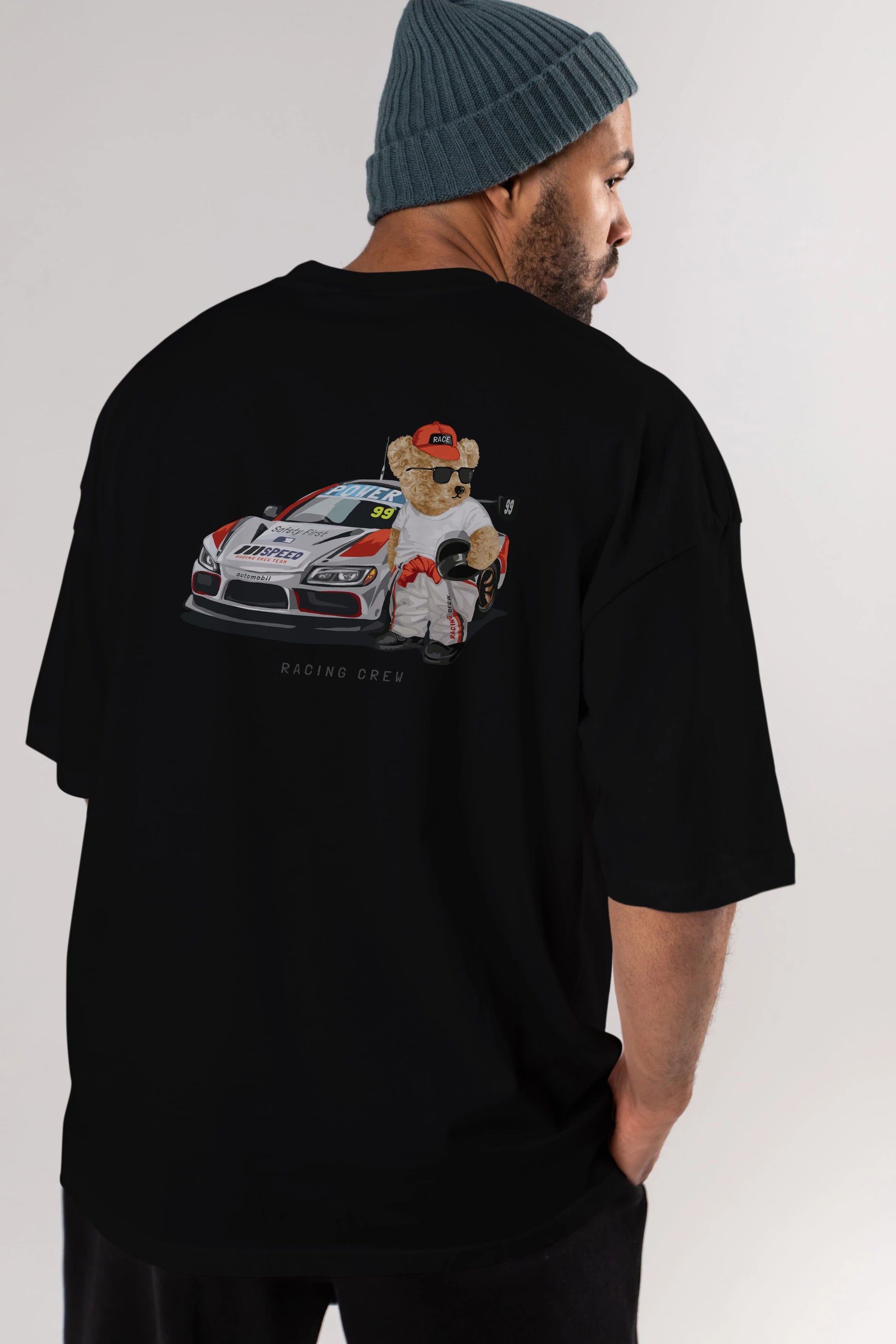 Teddy Bear Racing Crew Arka Baskılı Oversize t-shirt Erkek Kadın Unisex %100 Pamuk