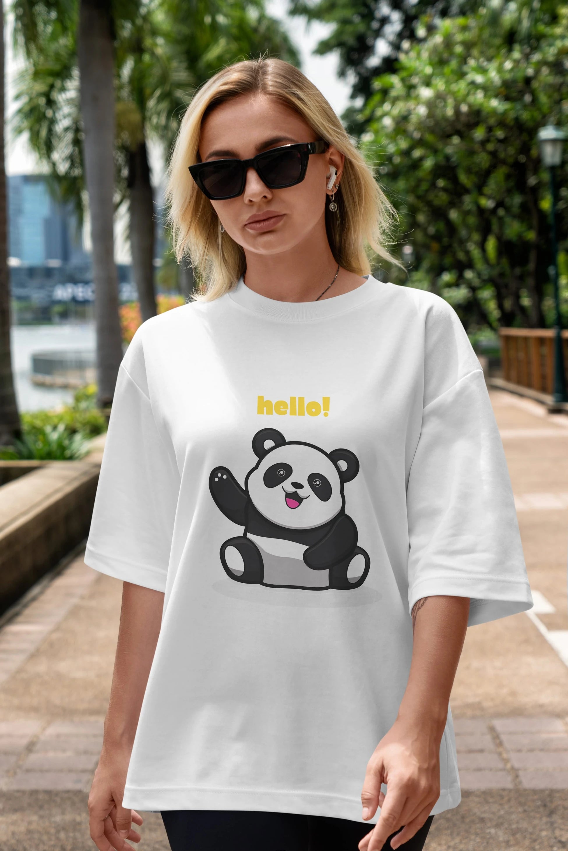 Hello Panda Ön Baskılı Oversize t-shirt Erkek Kadın Unisex