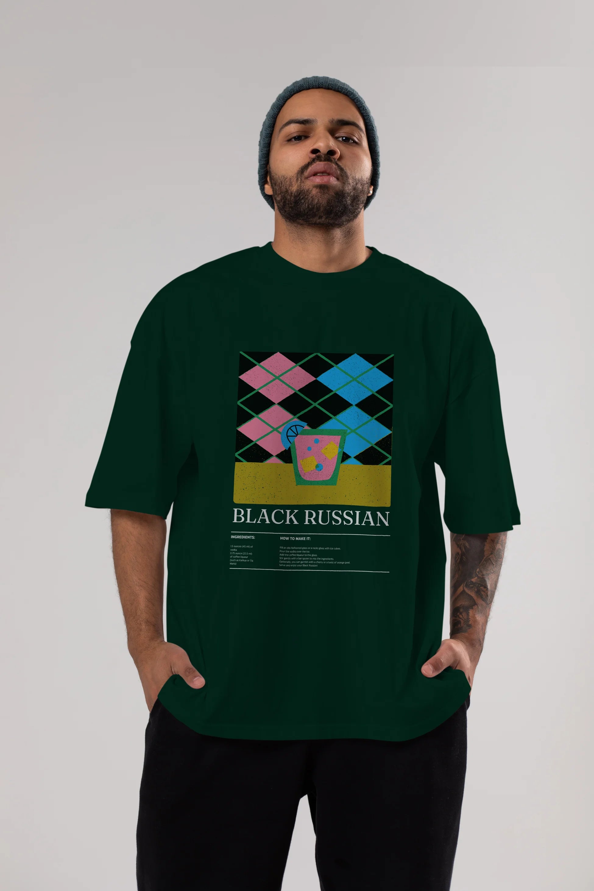 Black Russian Kokteyl Ön Baskılı Oversize t-shirt Erkek Kadın %100 Pamuk Bisiklet Yaka tişort