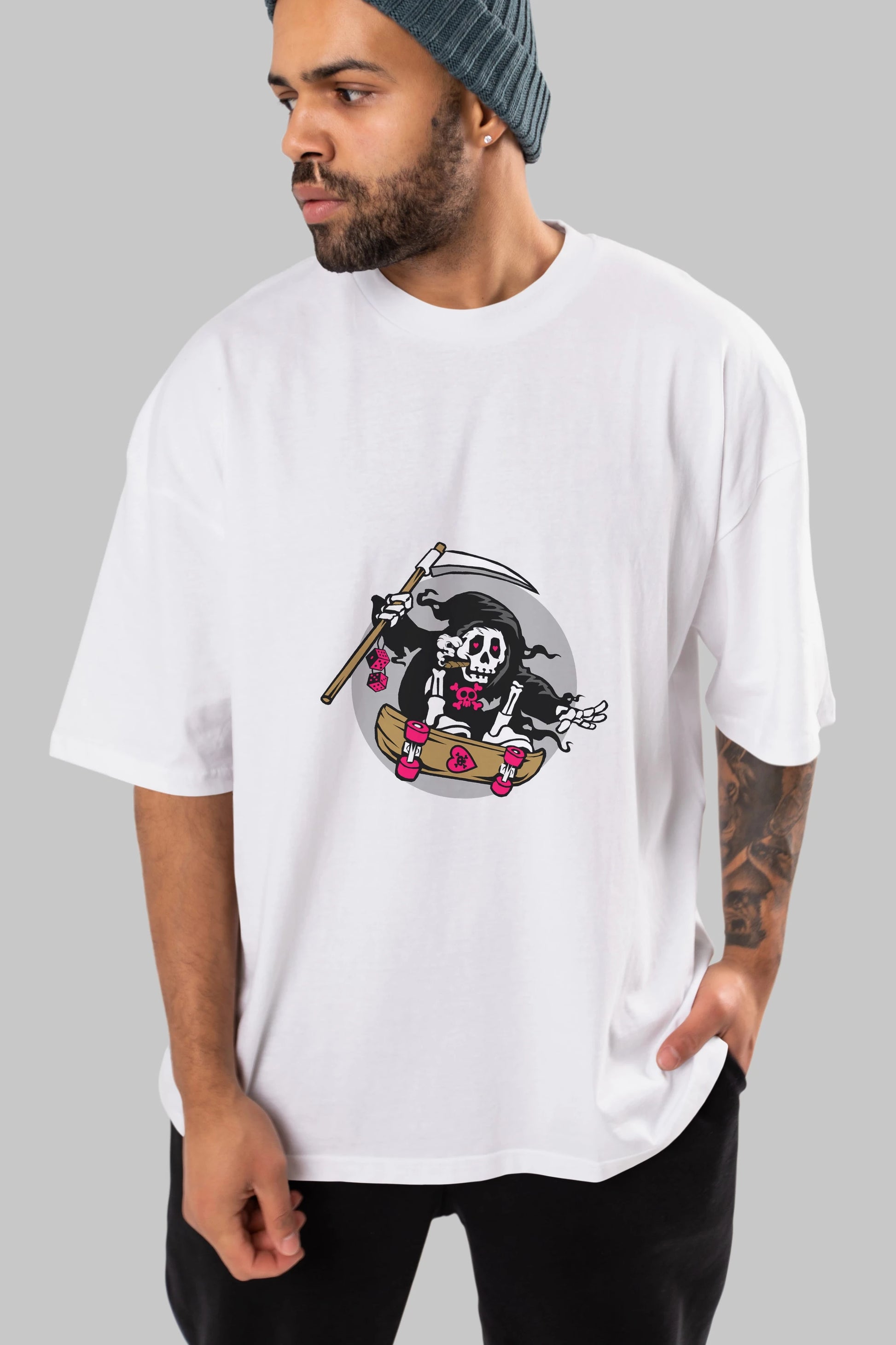 Grim Skater Ön Baskılı Oversize t-shirt Erkek Kadın Unisex %100 Pamuk tişort