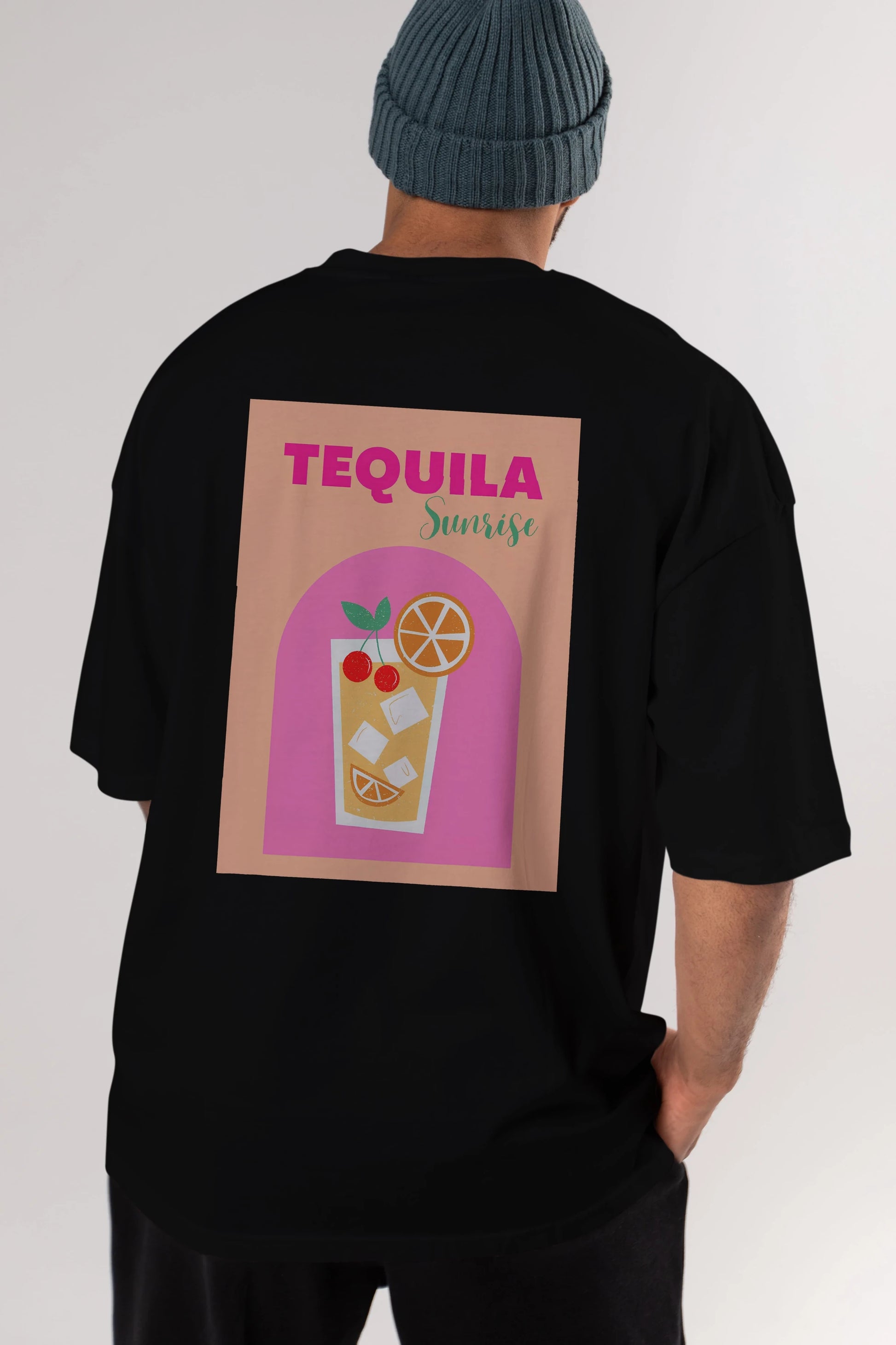 Tequila Sunrise 2 Arka Baskılı Oversize t-shirt Erkek Kadın Unisex %100 Pamuk Bisiklet Yaka tişort