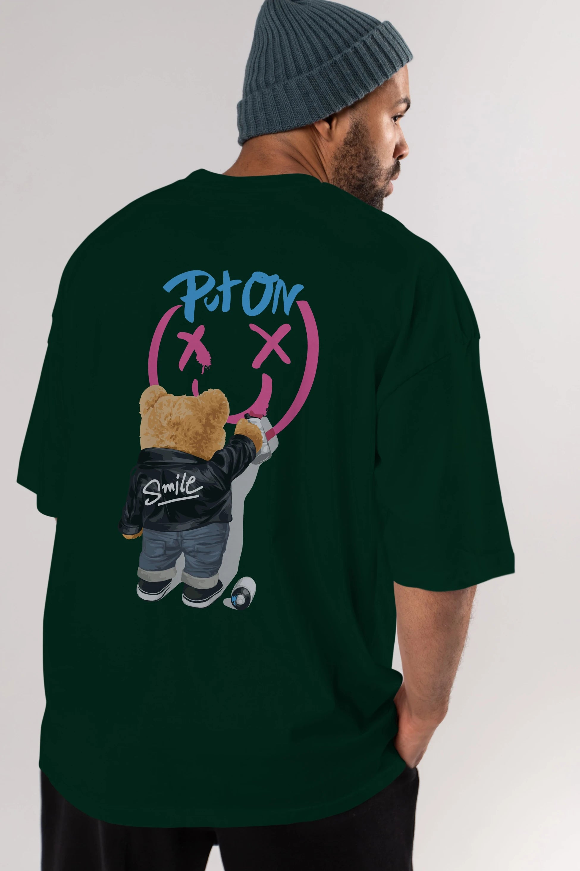 Put on Smile Bear Arka Baskılı Oversize t-shirt Erkek Kadın Unisex