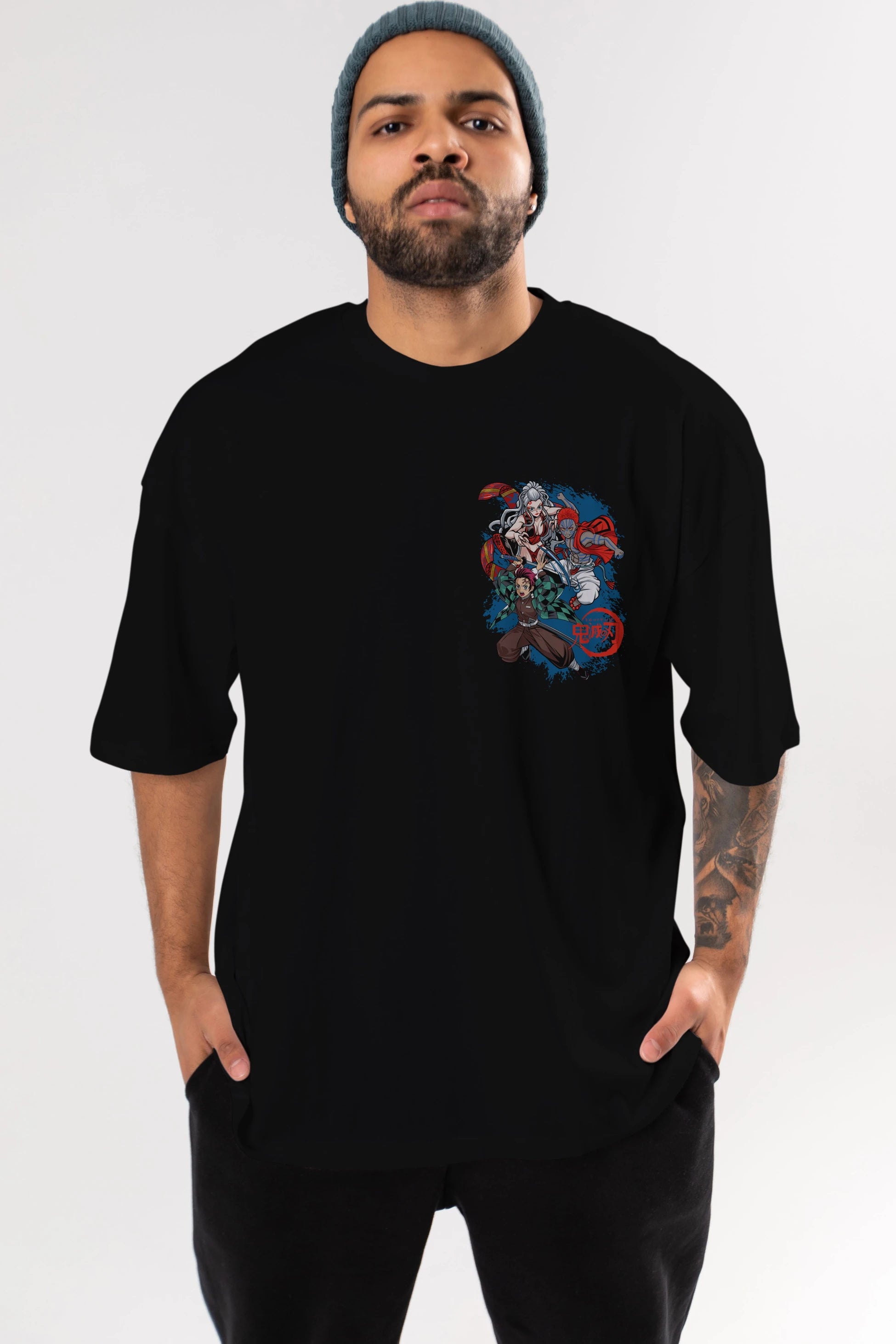 TANJIRO ,AKAZA,DAKI Ön Sol Baskılı Oversize t-shirt Erkek Kadın Unisex %100 Pamuk Bisiklet Yaka tişort