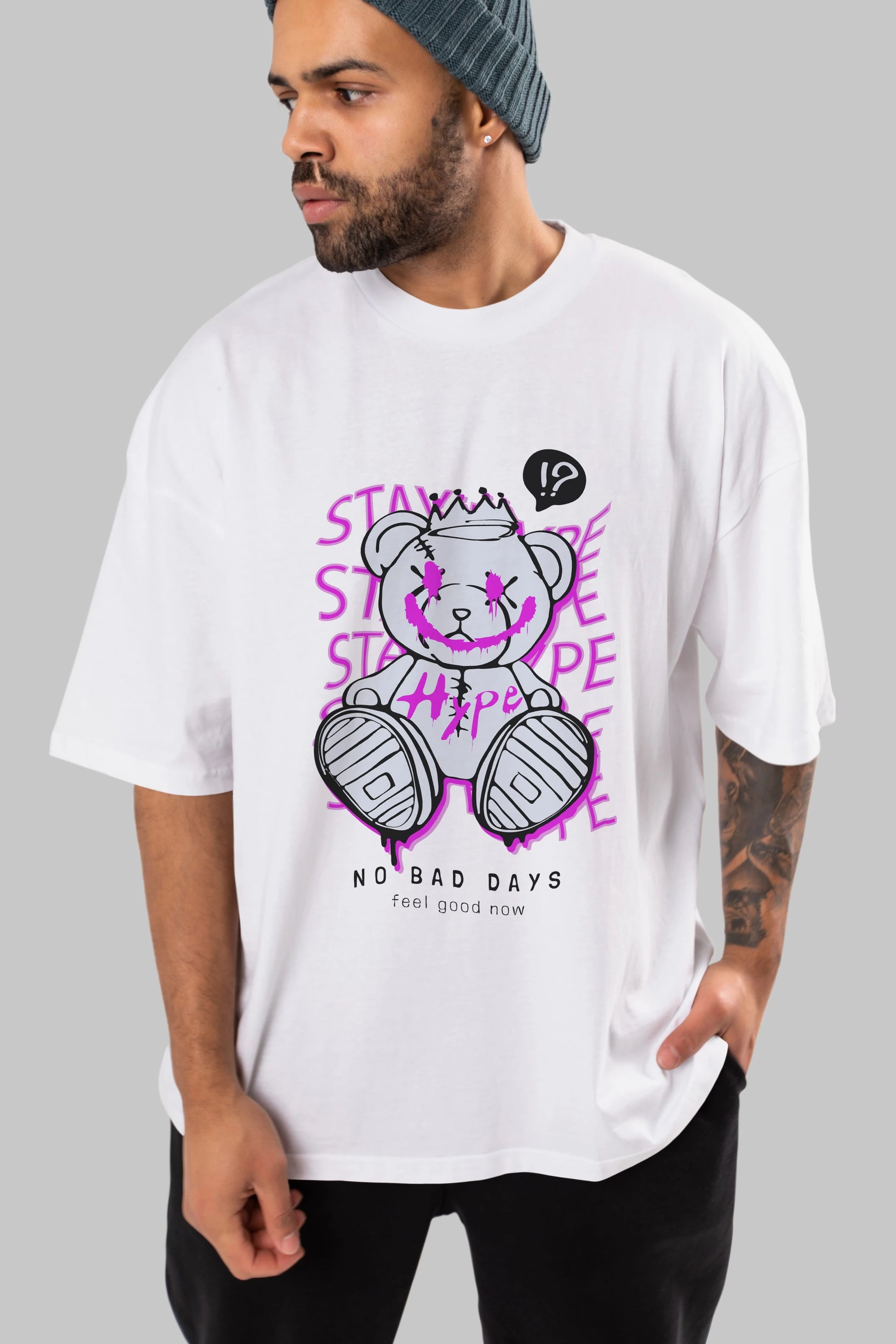 Stay Hype Bear Ön Baskılı Oversize t-shirt Erkek Kadın Unisex