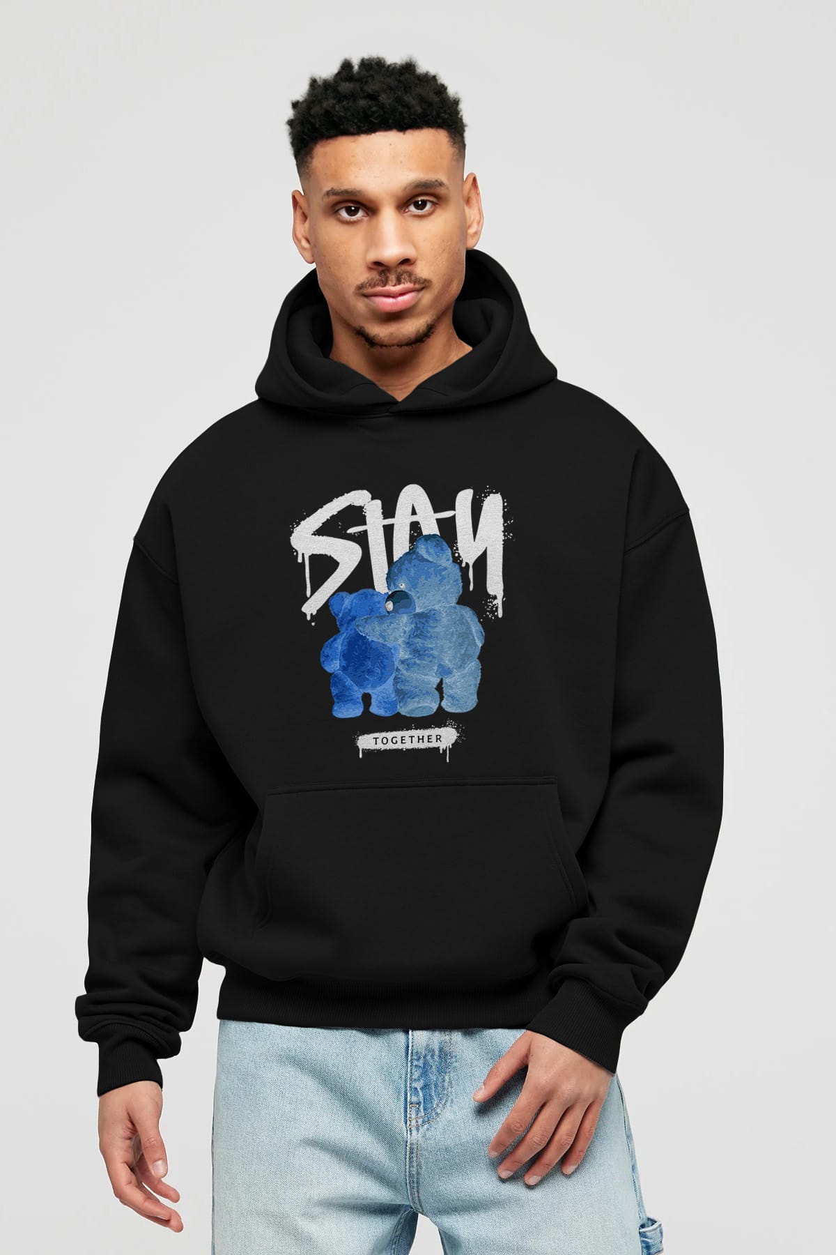 Stay Together Bear Ön Baskılı Hoodie Oversize Kapüşonlu Sweatshirt Erkek Kadın Unisex