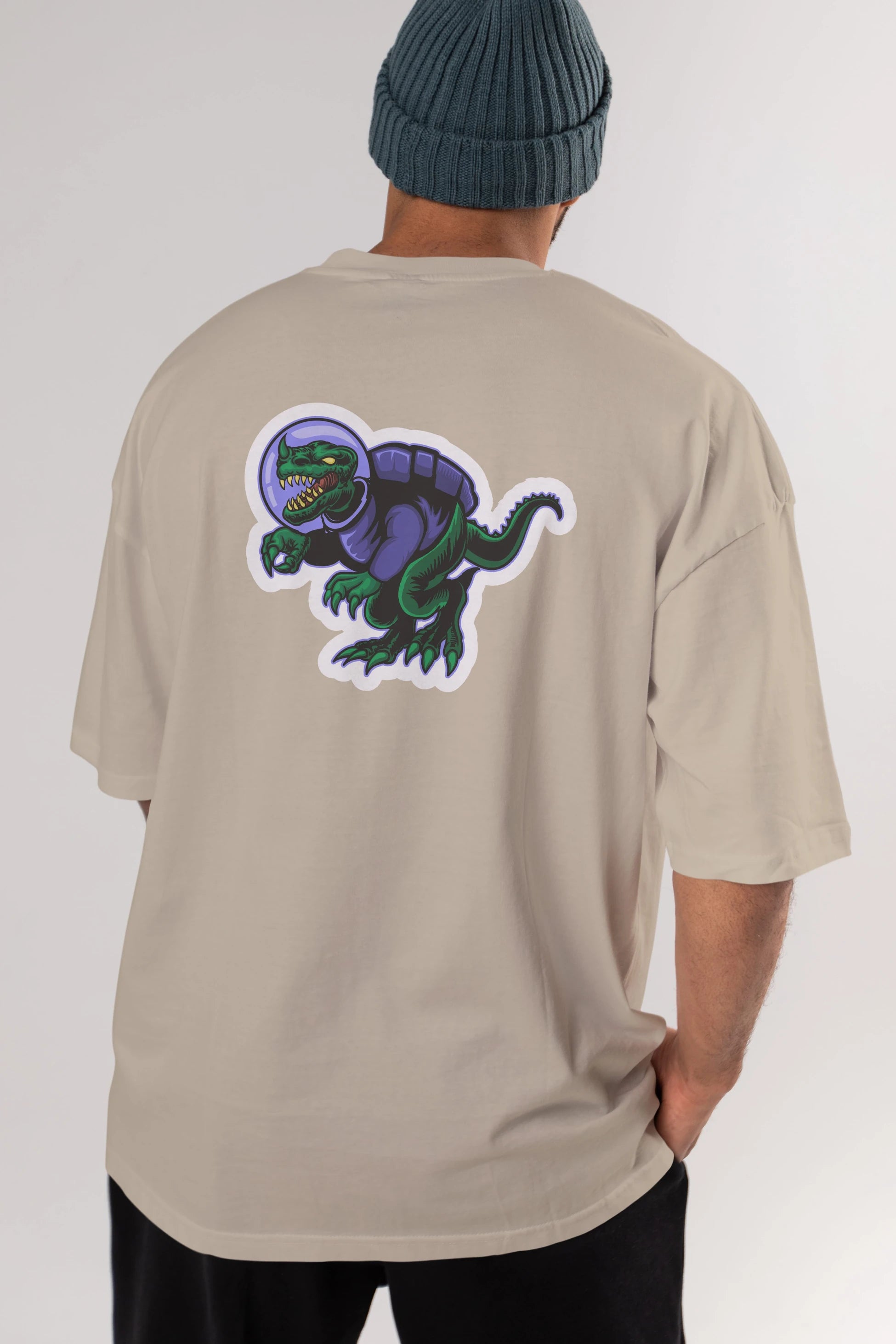 Space Dino Sticker Arka Baskılı Oversize t-shirt Erkek Kadın Unisex