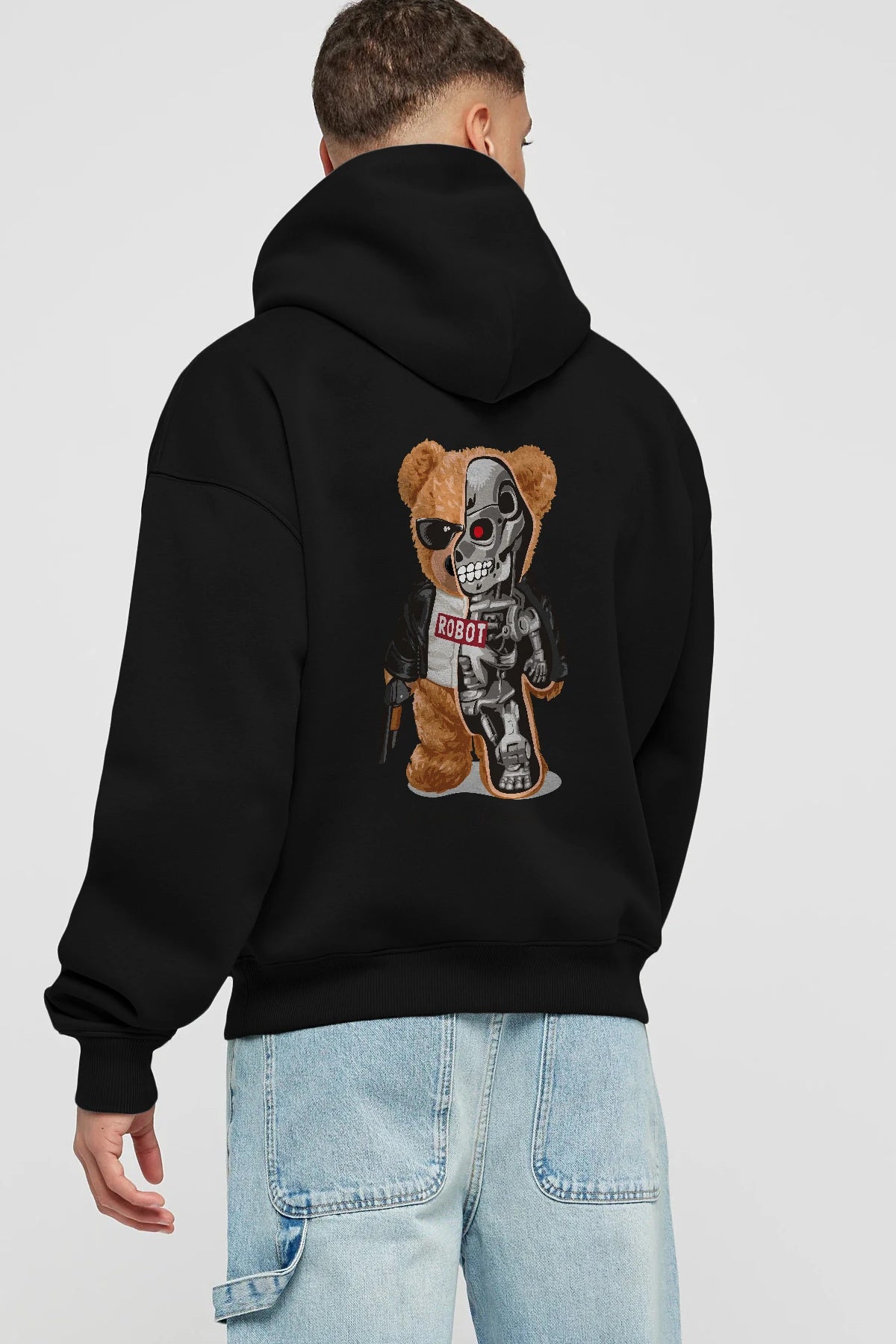Teddy Bear Robot Arka Baskılı Hoodie Oversize Kapüşonlu Sweatshirt Erkek Kadın Unisex
