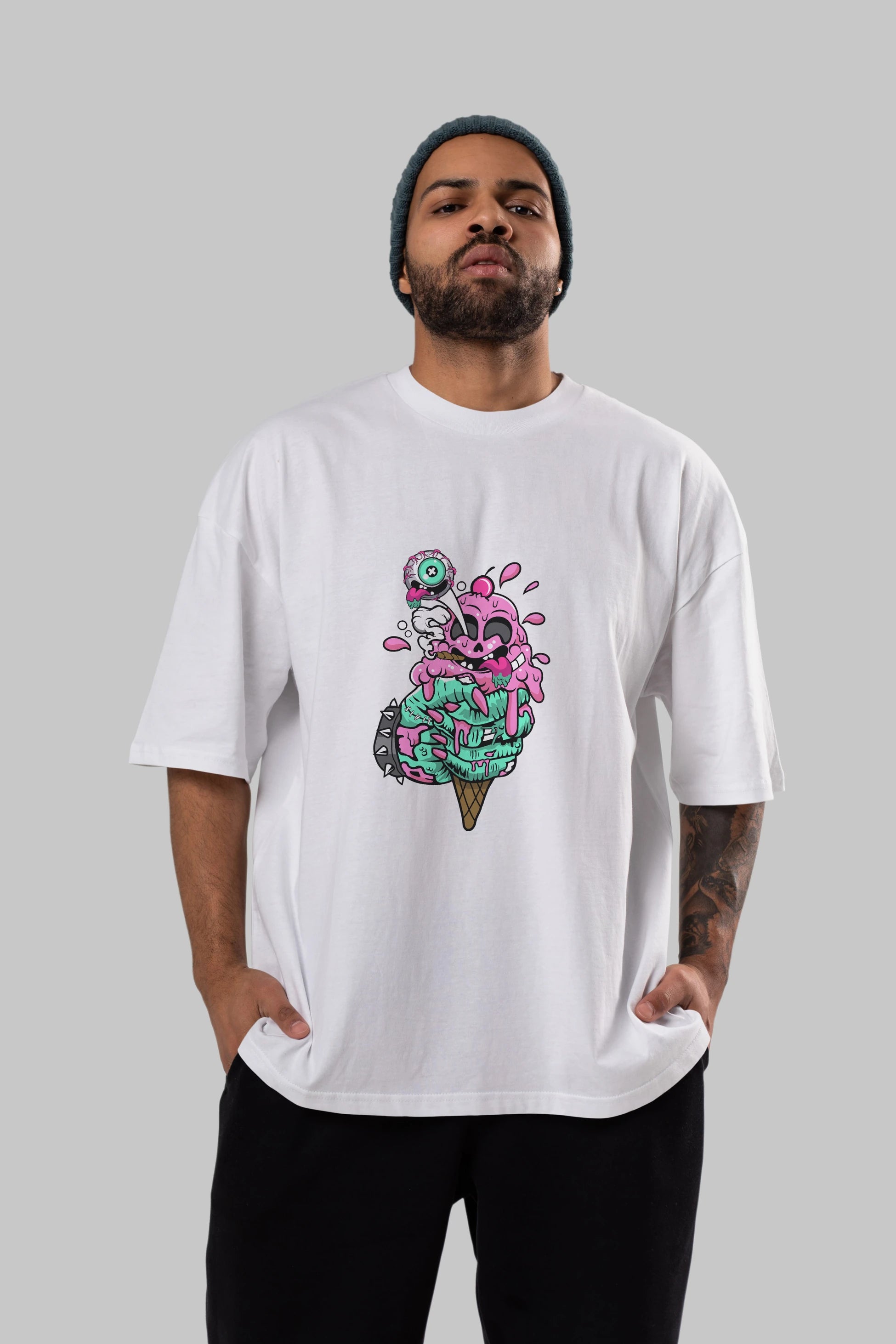 Ice Cream Zombie Ön Baskılı Oversize t-shirt Erkek Kadın Unisex %100 Pamuk tişort