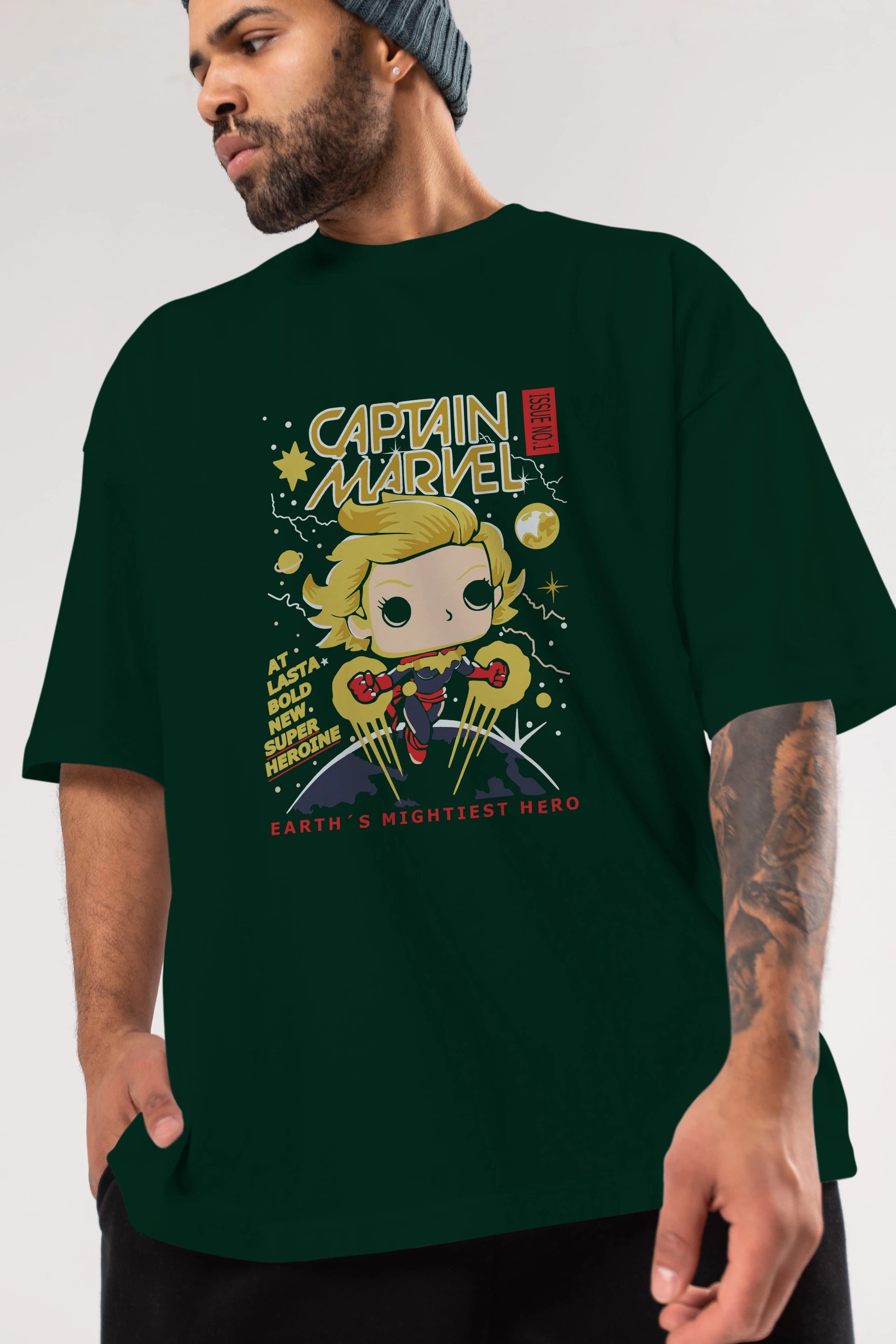 Captain Marvel Ön Baskılı Oversize t-shirt Erkek Kadın Unisex %100 Pamuk Bisiklet Yaka tişort
