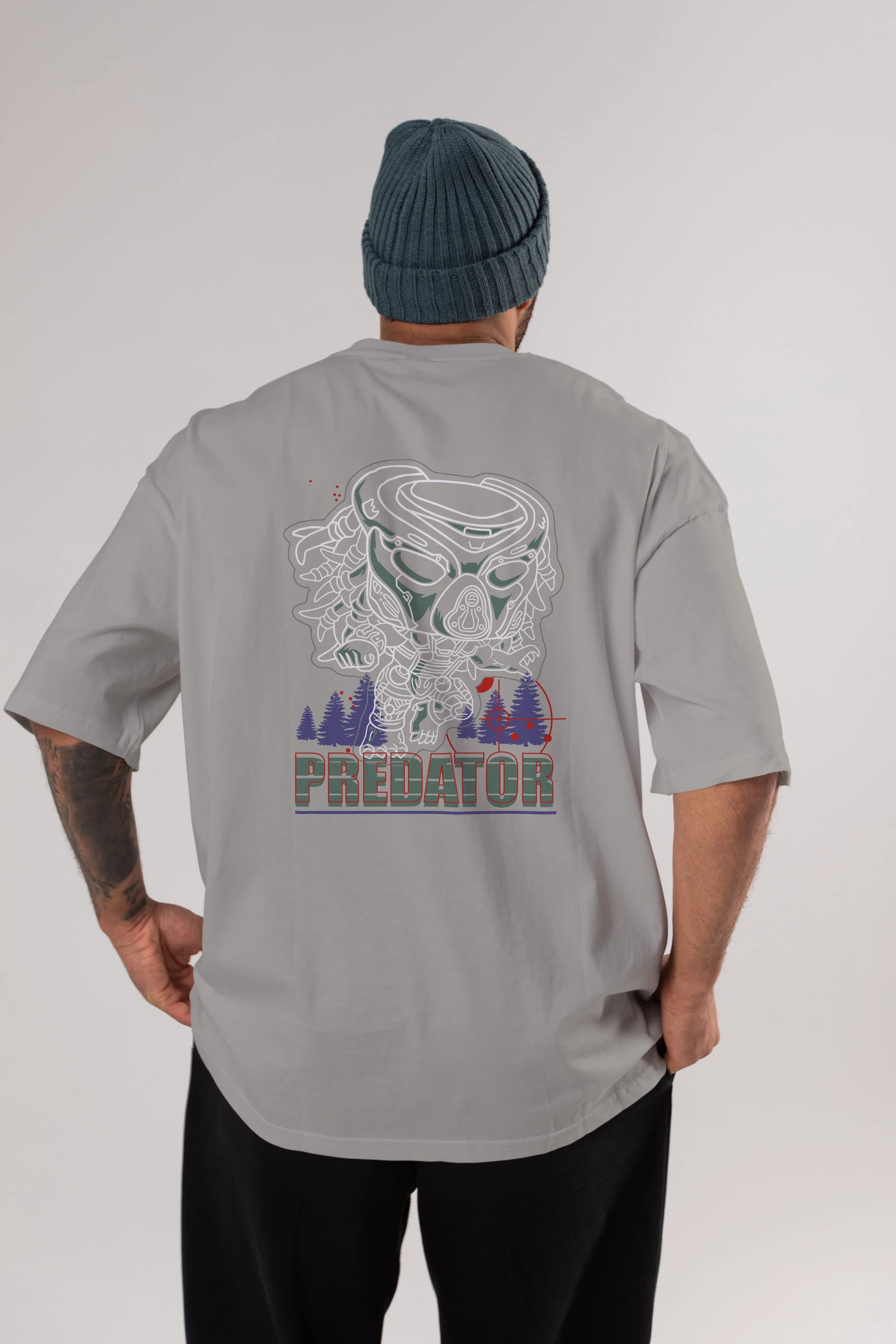 Predator Arka Baskılı Oversize t-shirt Erkek Kadın Unisex %100 Pamuk Bisiklet Yaka tişort