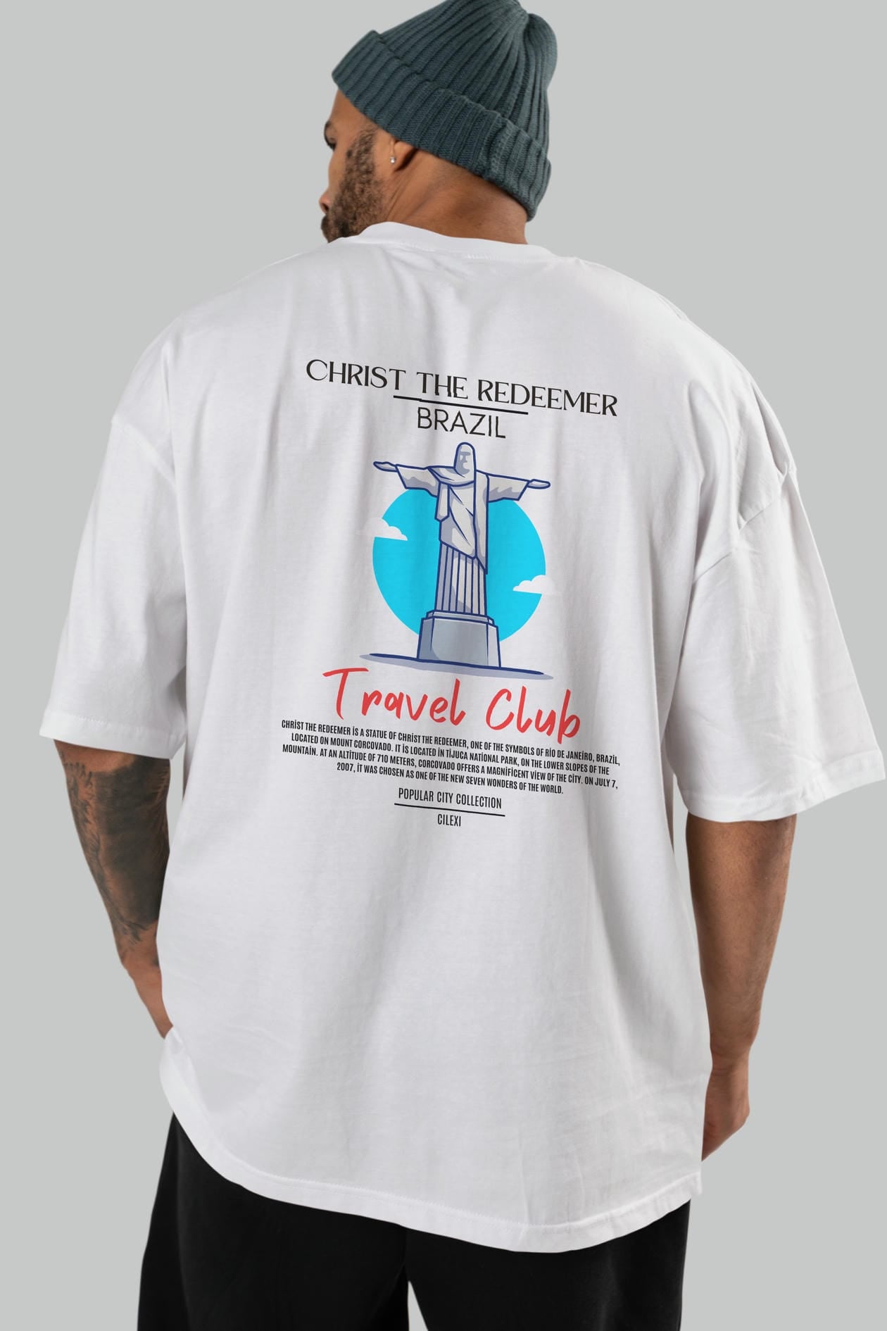 Christ The Redeemer Brazil Arka Baskılı Oversize t-shirt Erkek Kadın Pamuk Bisiklet Yaka tişort