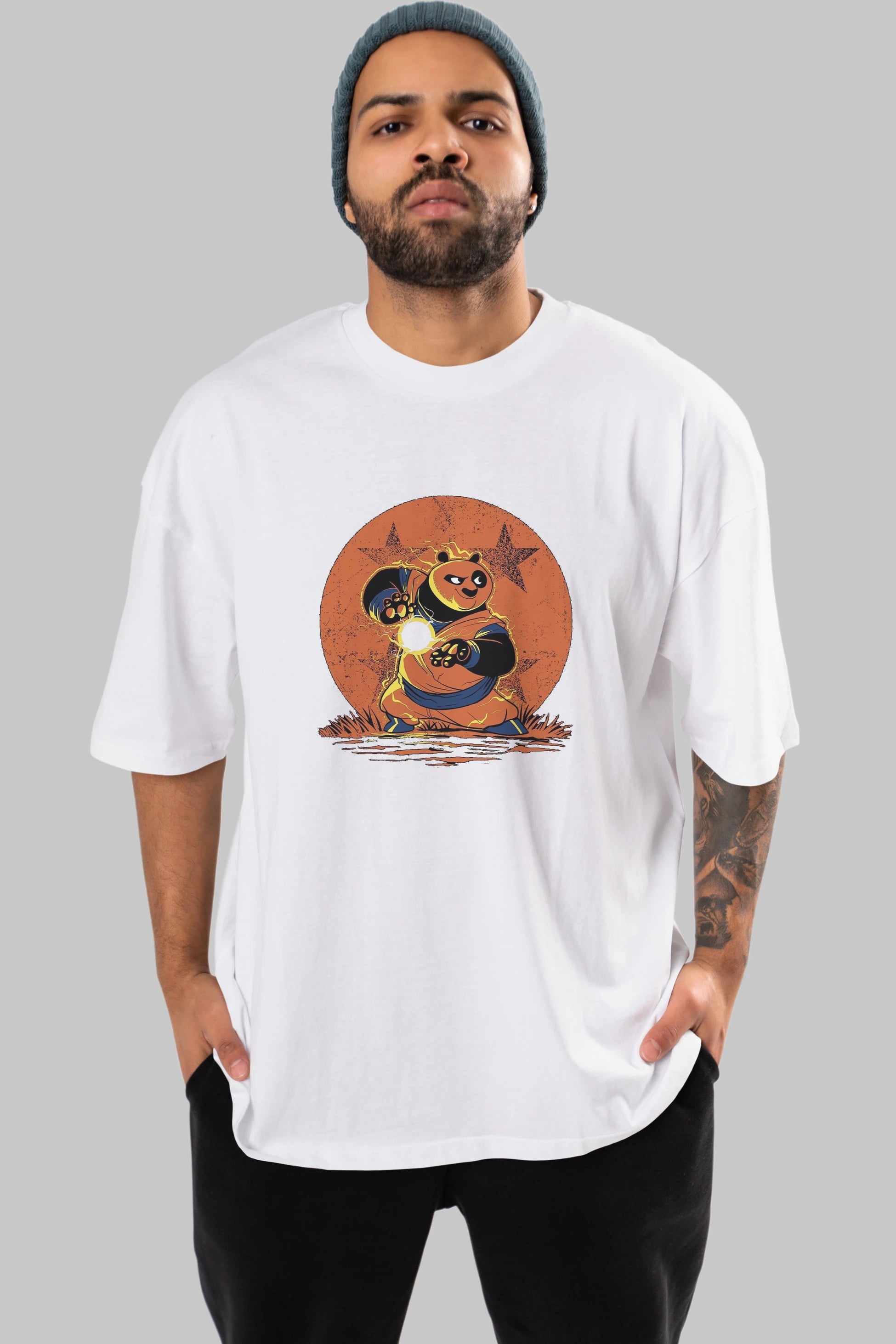 Kung Fu Panda Ön Baskılı Oversize t-shirt Erkek Kadın Unisex %100 Pamuk Bisiklet Yaka tişort