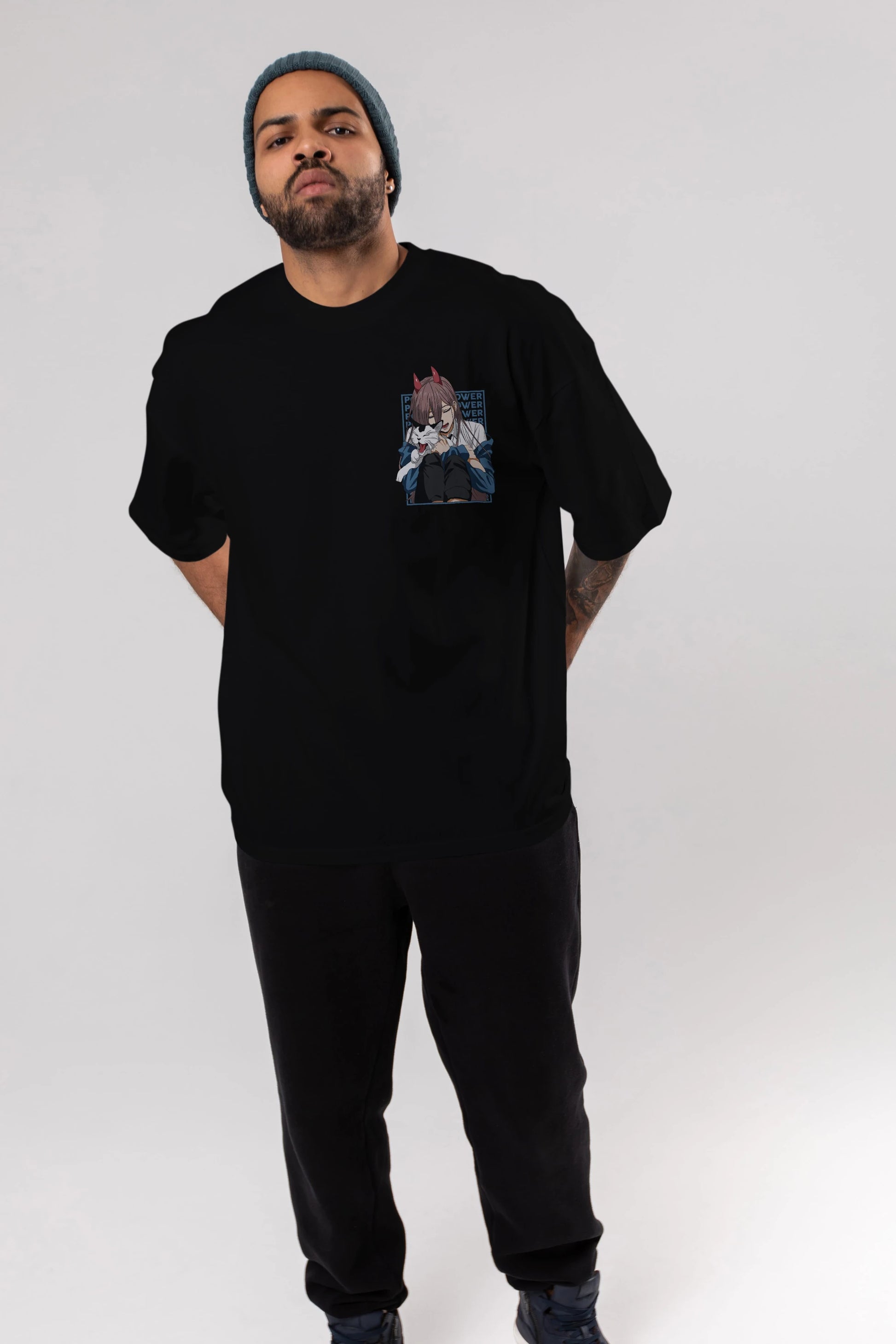 POWER CHAINSAWMAN Ön Sol Baskılı Oversize t-shirt Erkek Kadın Unisex %100 Pamuk Bisiklet Yaka tişort