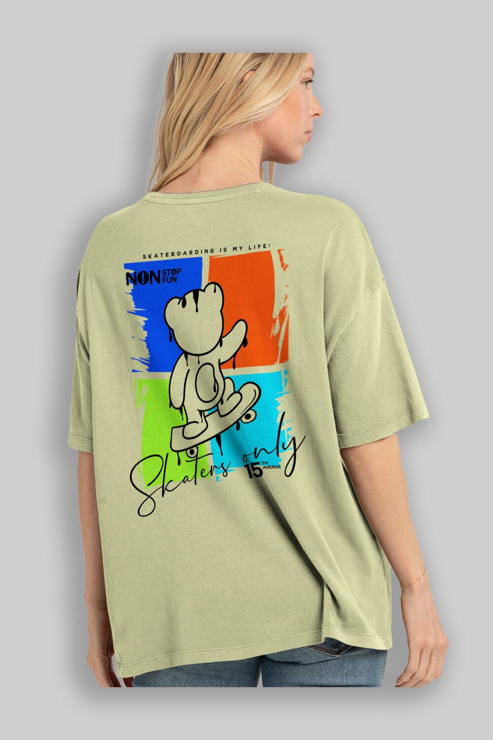 Skaters Only Bear Arka Baskılı Oversize t-shirt Erkek Kadın Unisex