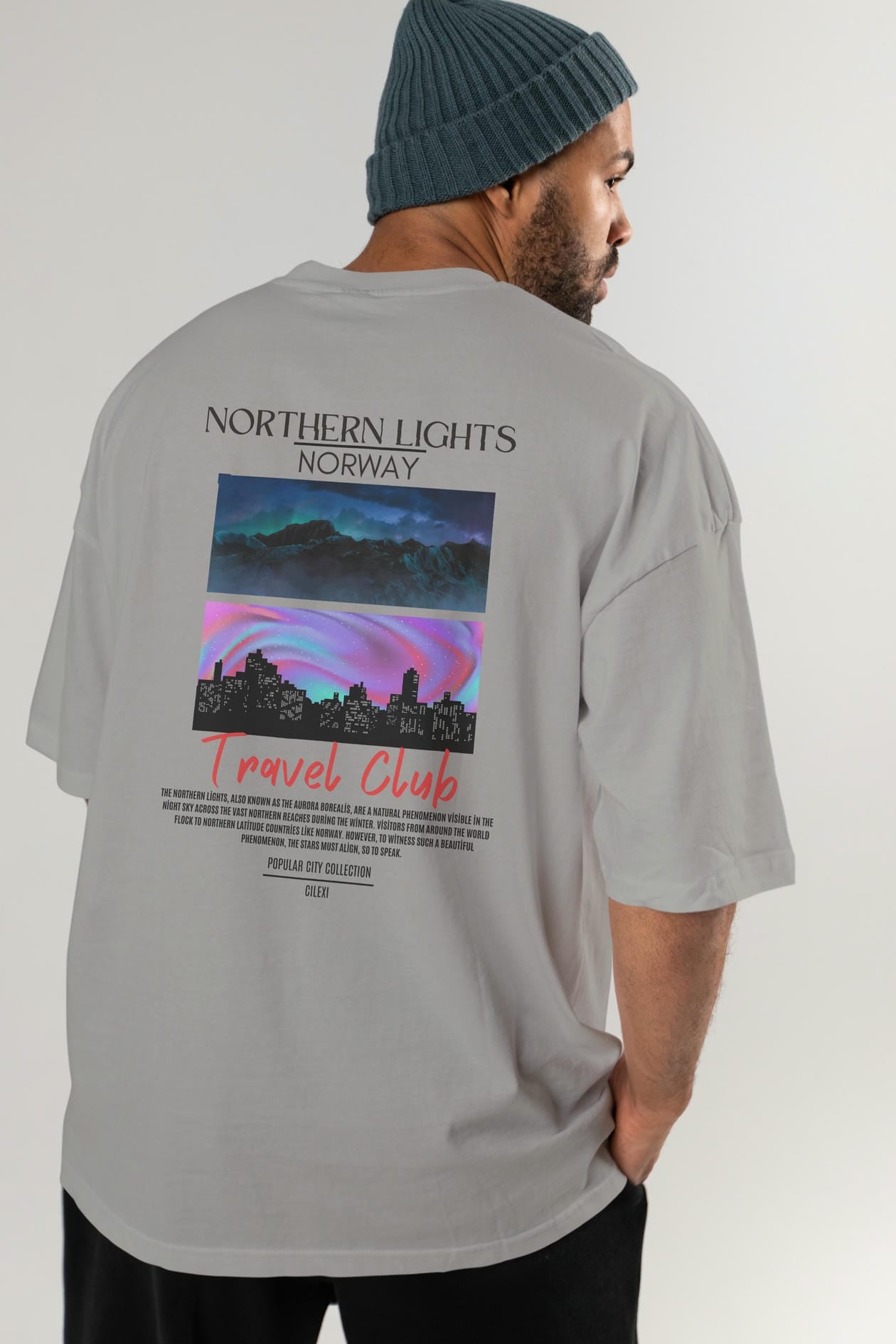 Northern Lights Norway Arka Baskılı Oversize t-shirt Erkek Kadın Pamuk Bisiklet Yaka tişort