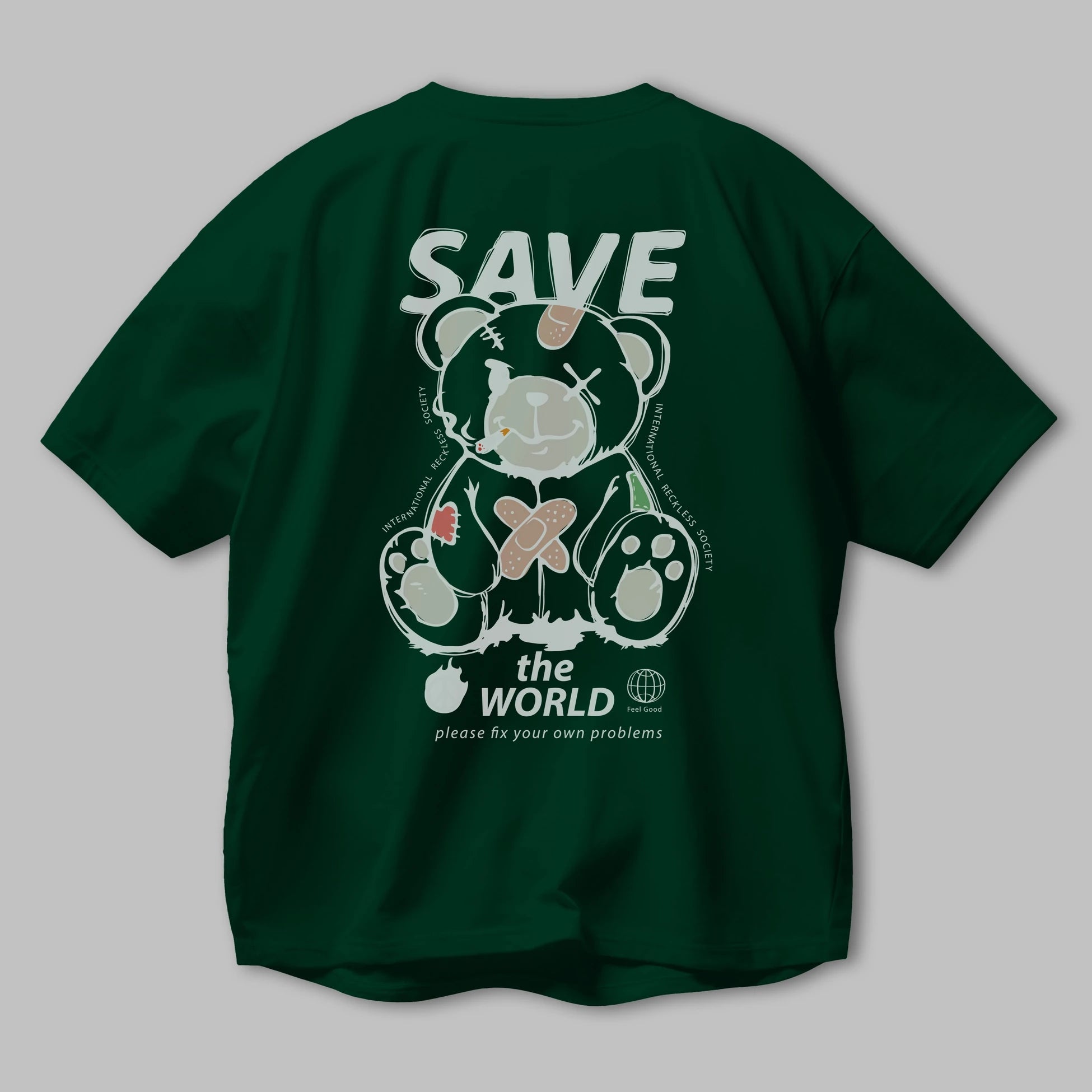 Save the World Bear Arka Baskılı Oversize t-shirt Erkek Kadın Unisex