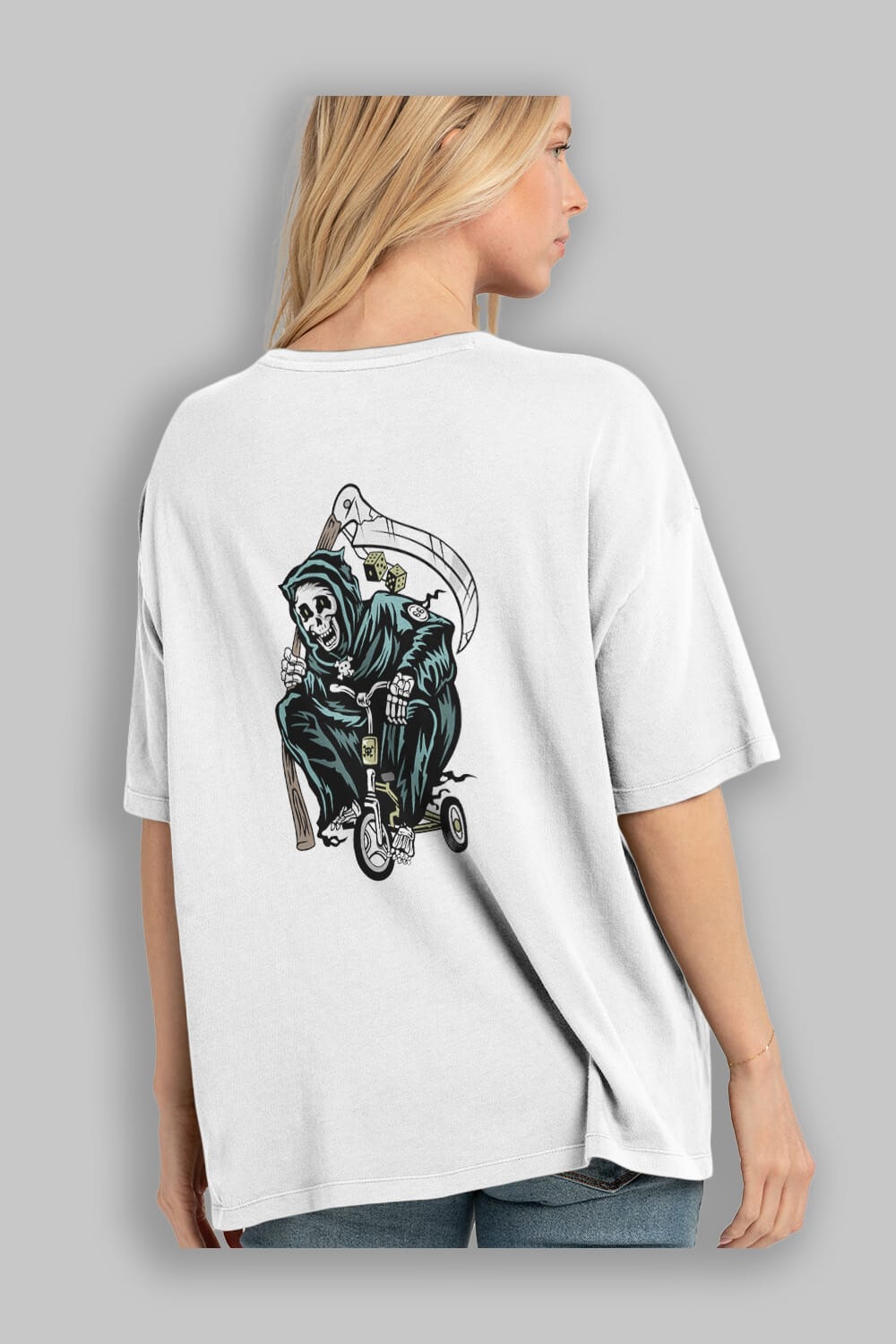Grim Reaper Bicycle Arka Baskılı Oversize t-shirt Erkek Kadın Unisex %100 Pamuk tişort