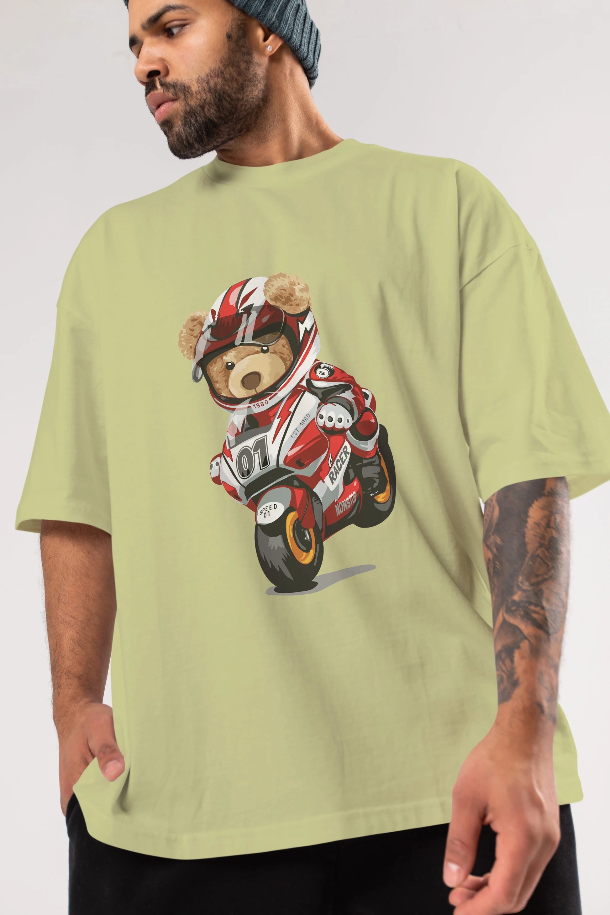 Teddy Bear Racer Ön Baskılı Oversize t-shirt Erkek Kadın Unisex %100 Pamuk