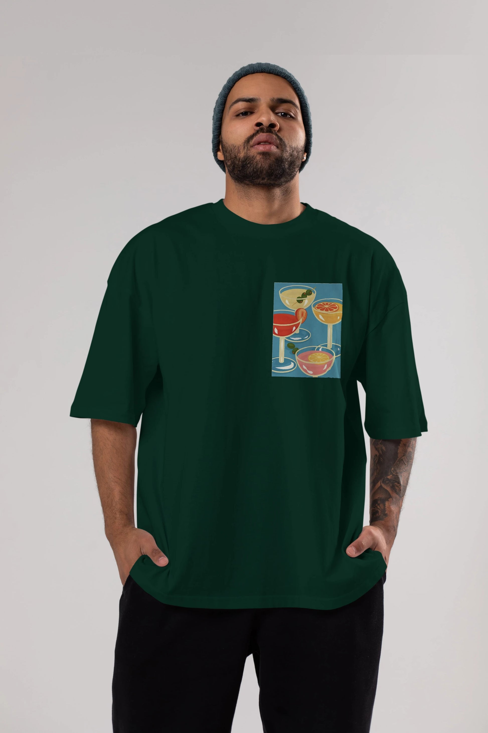 Cocktails Ön Sol Baskılı Oversize t-shirt Erkek Kadın Unisex %100 Pamuk Bisiklet Yaka tişort