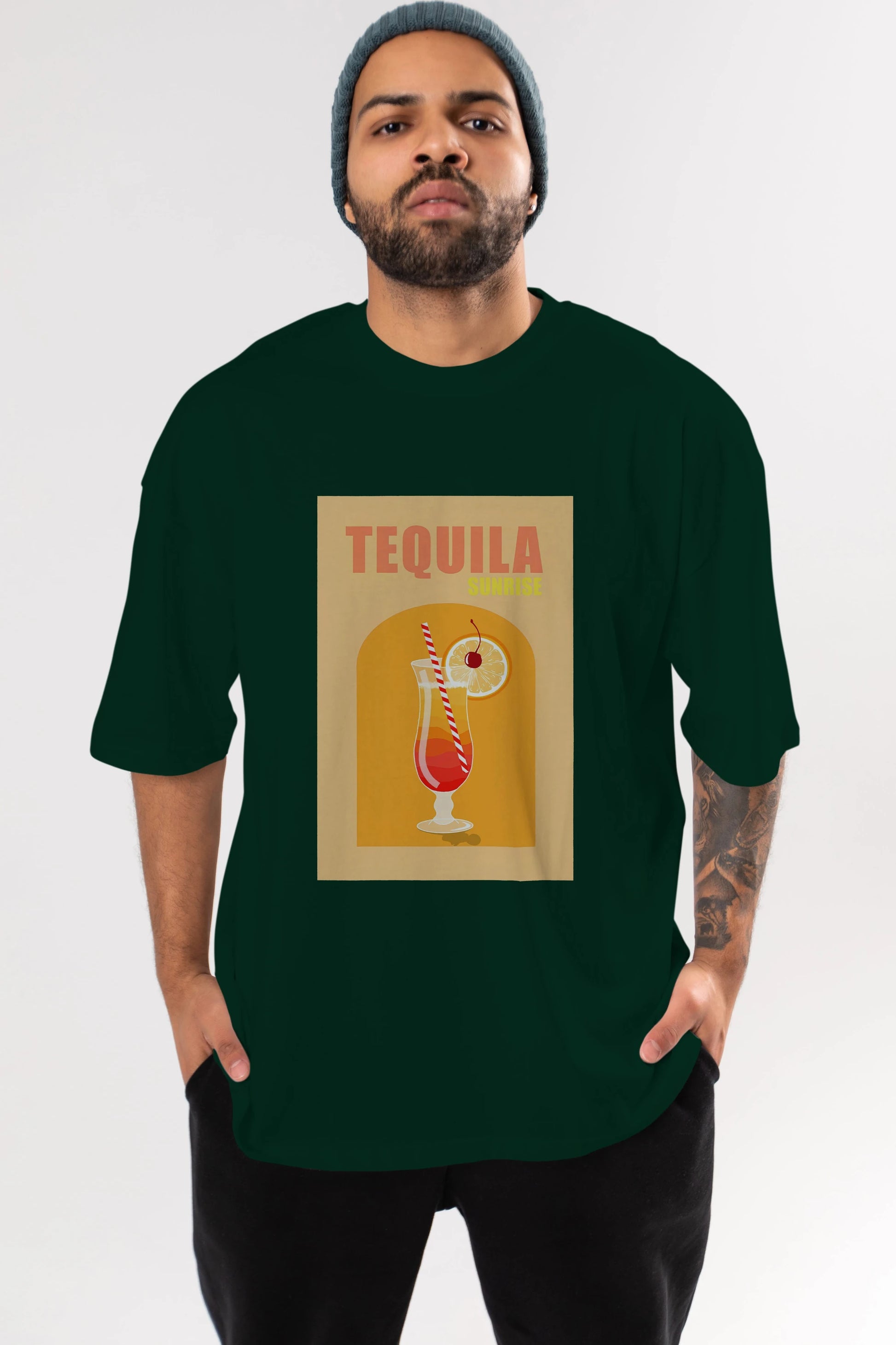 Tequila Sunrise Ön Baskılı Oversize t-shirt Erkek Kadın Unisex %100 Pamuk Bisiklet Yaka tişort