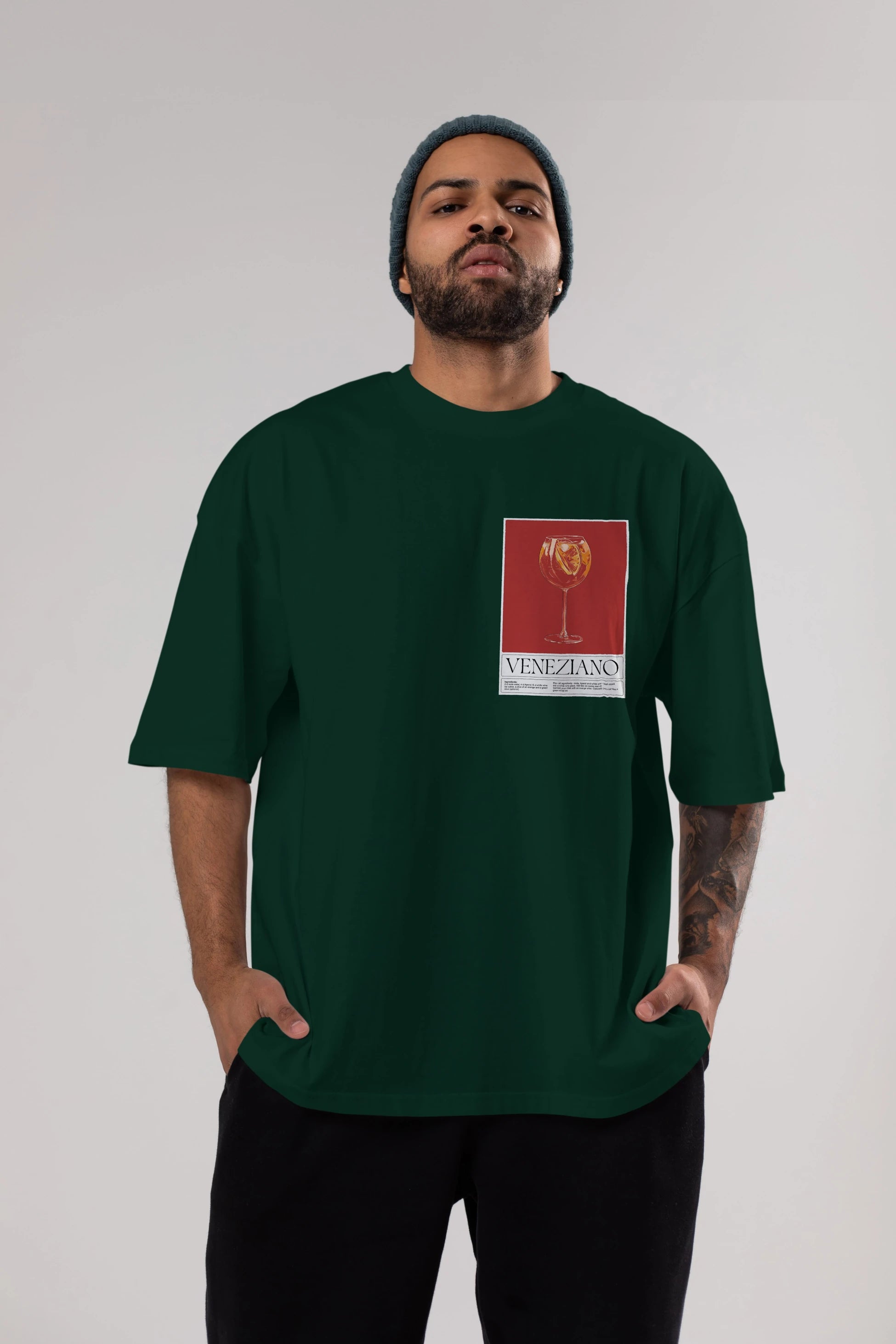 Veneziano Ön Sol Baskılı Oversize t-shirt Erkek Kadın Unisex %100 Pamuk Bisiklet Yaka tişort