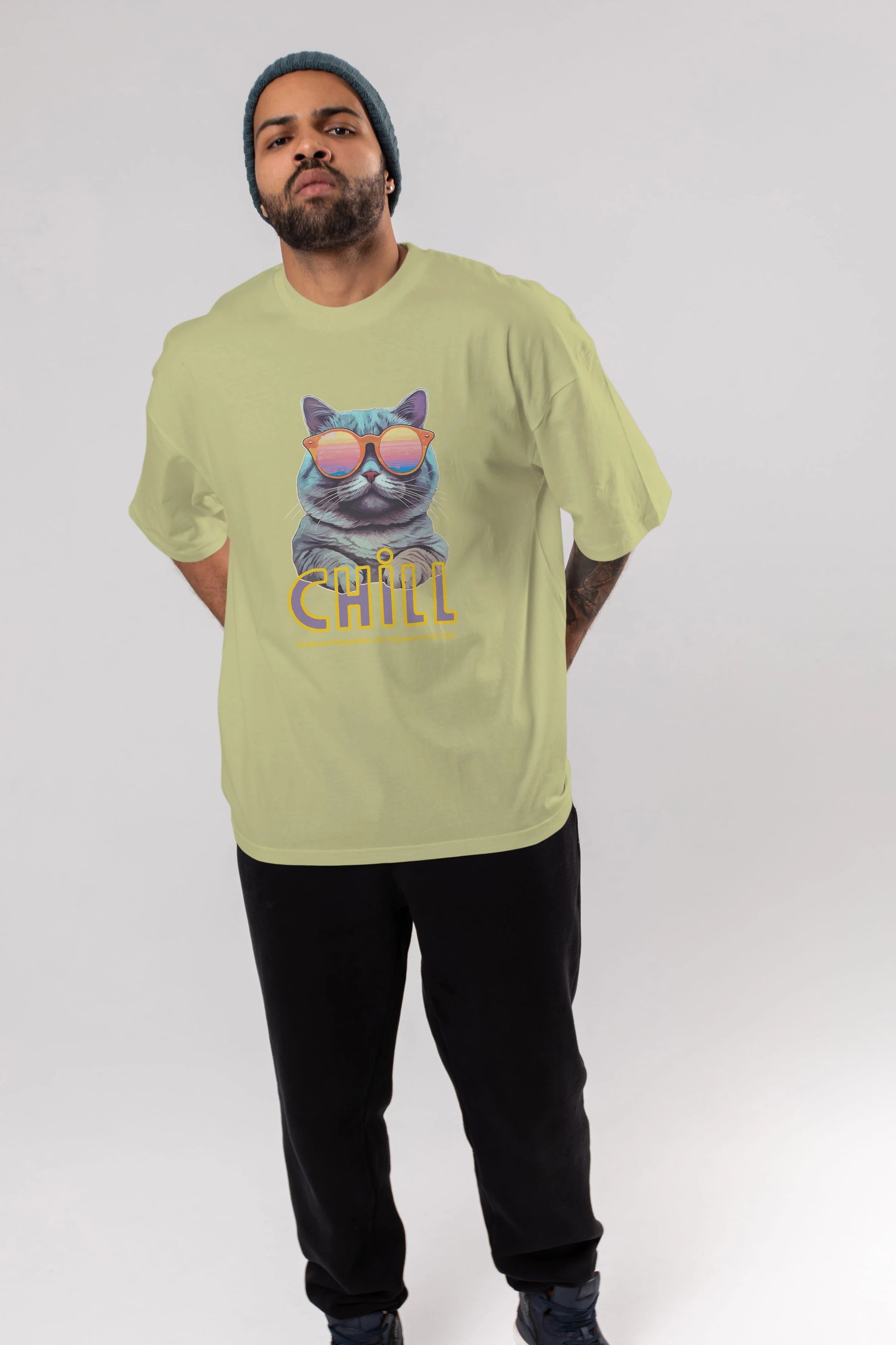 Chill Cat Ön Baskılı Oversize t-shirt Erkek Kadın Unisex