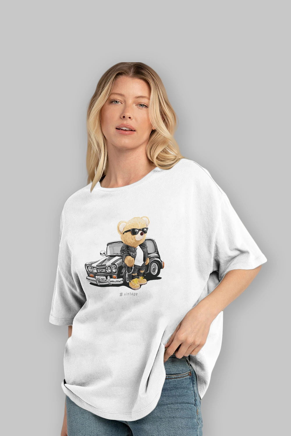 Teddy Bear Vintage Ön Baskılı Oversize t-shirt Erkek Kadın Unisex %100 Pamuk