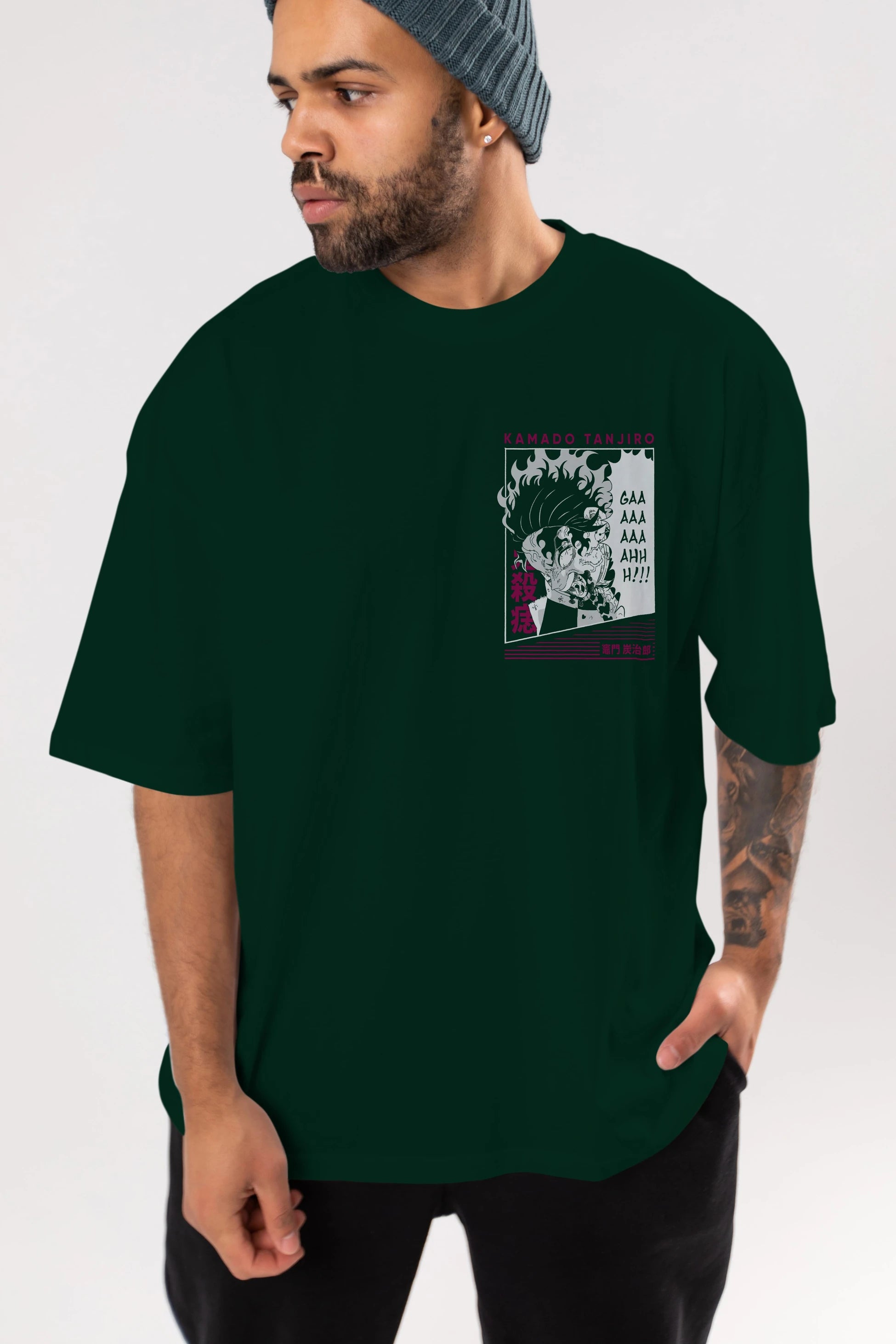 TANJIRO KAMADO 3 Ön Sol Baskılı Oversize t-shirt Erkek Kadın Unisex %100 Pamuk Bisiklet Yaka tişort