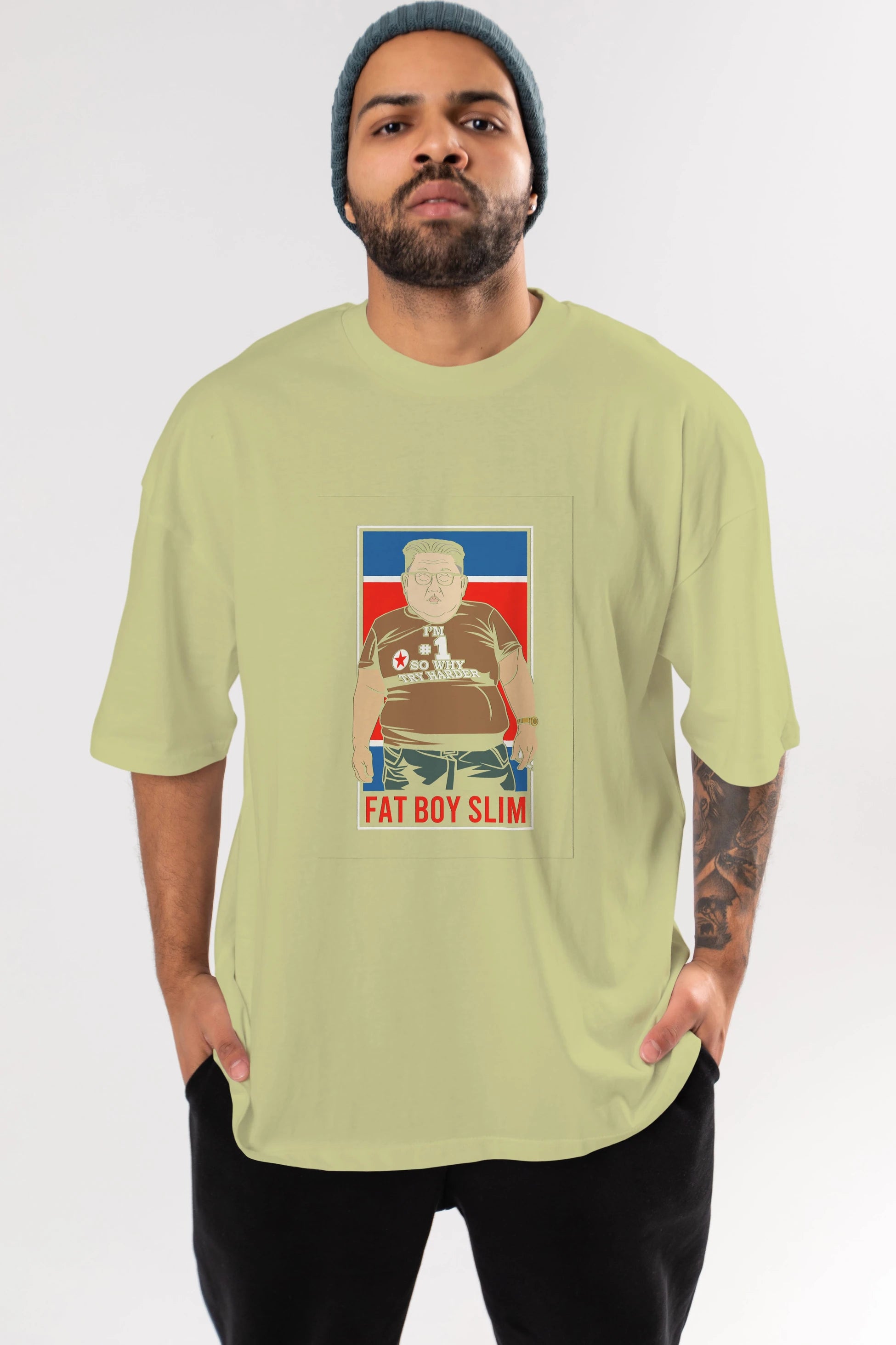 Fat Boy Slim Kim Jong Un Ön Baskılı Oversize t-shirt Erkek Kadın Unisex %100 Pamuk tişort