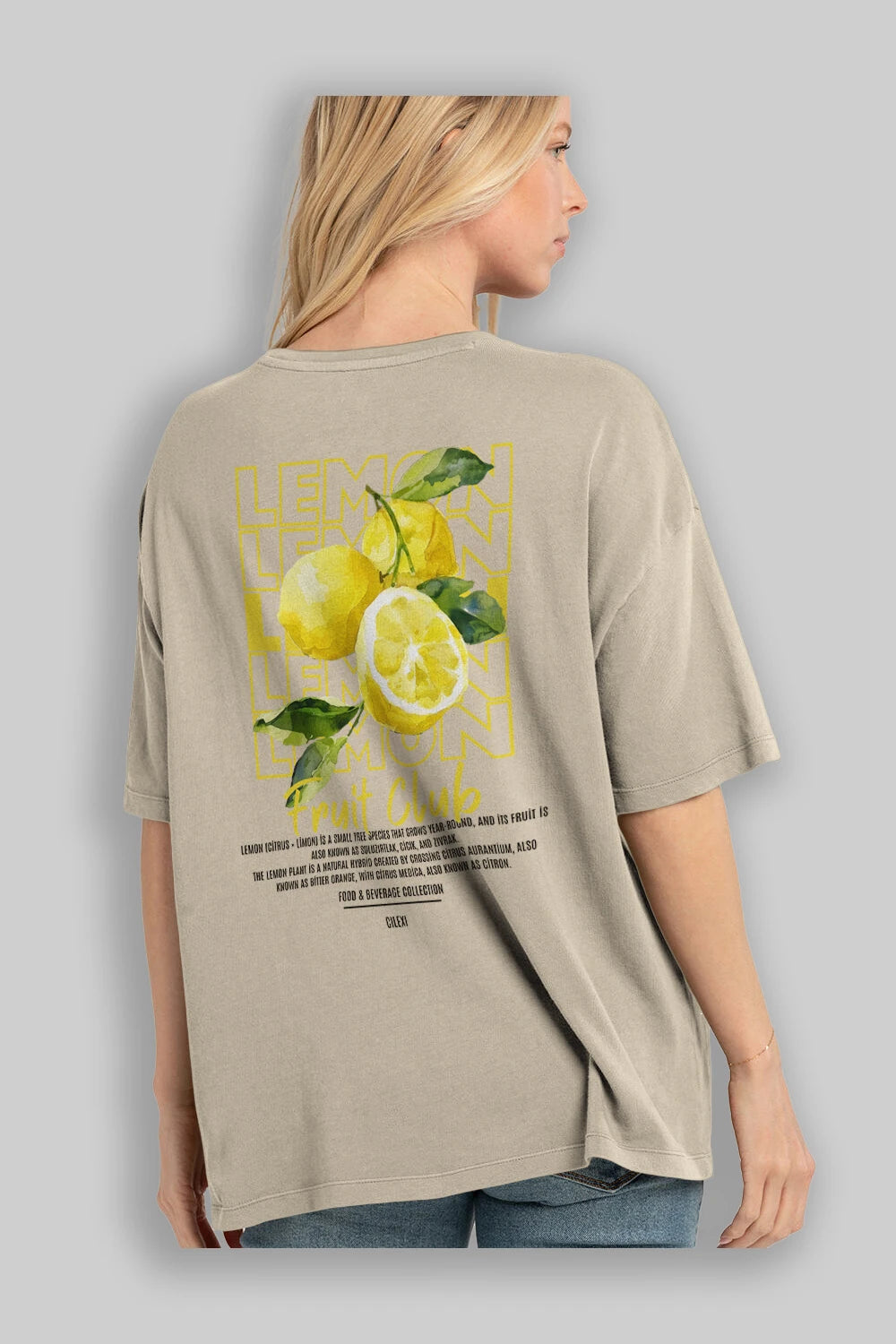 Lemon Arka Baskılı Oversize t-shirt Erkek Kadın Pamuk Bisiklet Yaka tişort