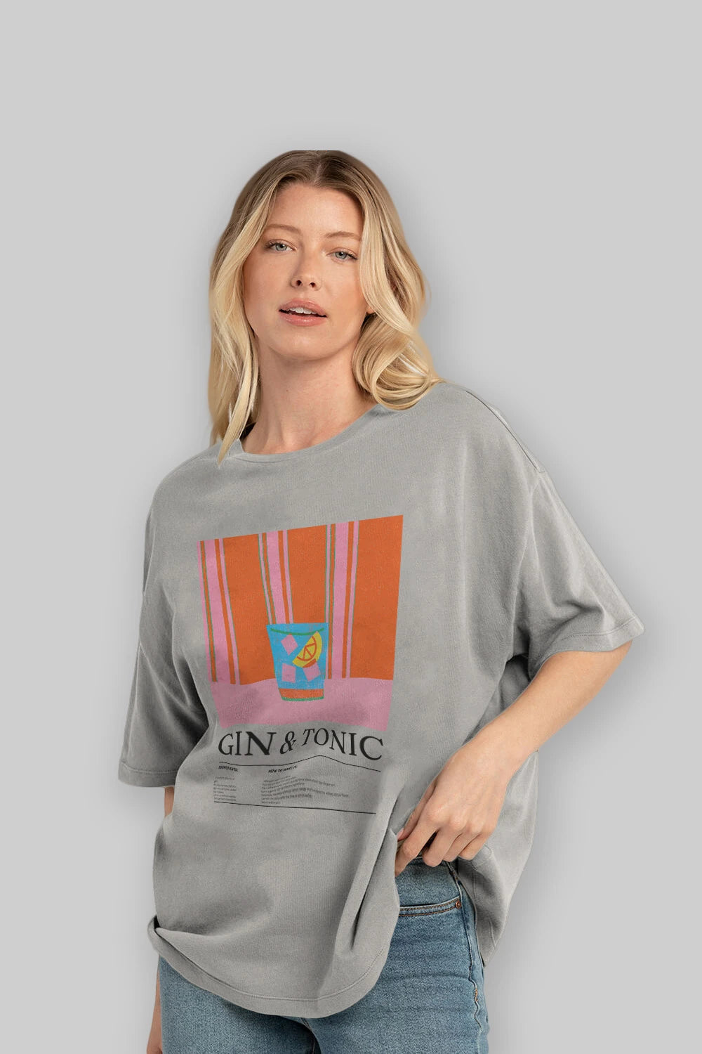 Gin tonic Kokteyl Ön Baskılı Oversize t-shirt Erkek Kadın %100 Pamuk Bisiklet Yaka tişort