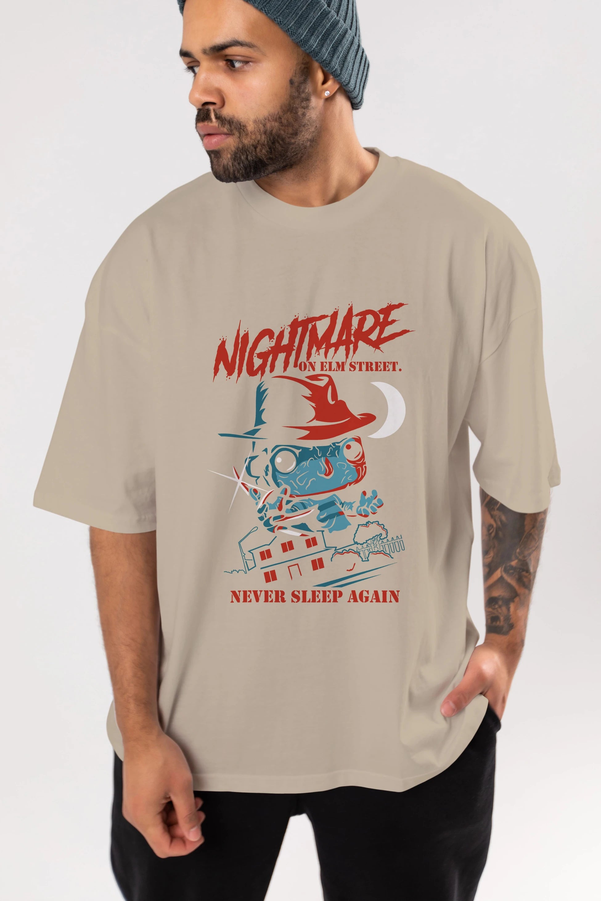 Nightmare Elm Sokağı Ön Baskılı Oversize t-shirt Erkek Kadın Unisex %100 Pamuk Bisiklet Yaka tişort