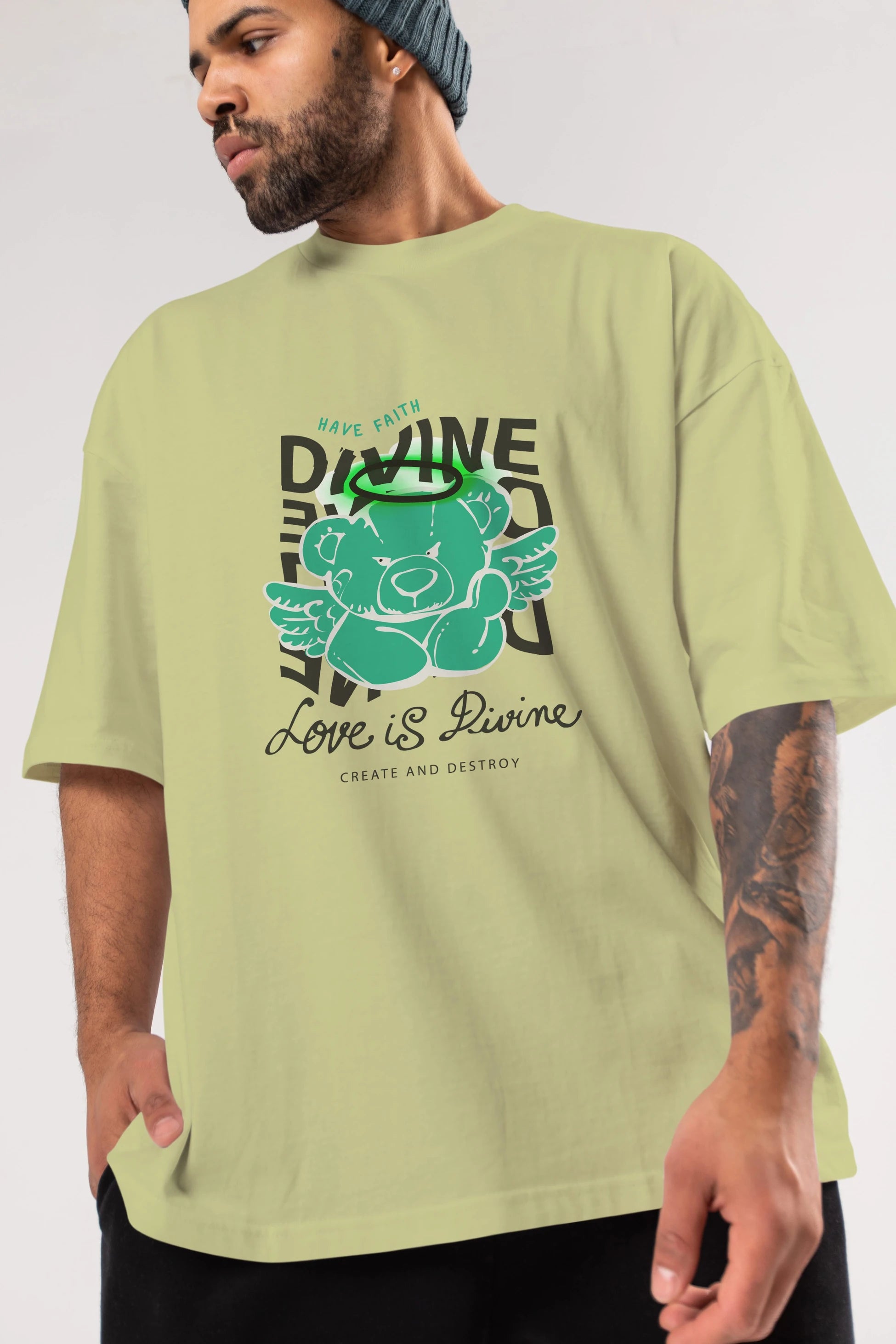 Love is Divine Bear Ön Baskılı Oversize t-shirt Erkek Kadın Unisex