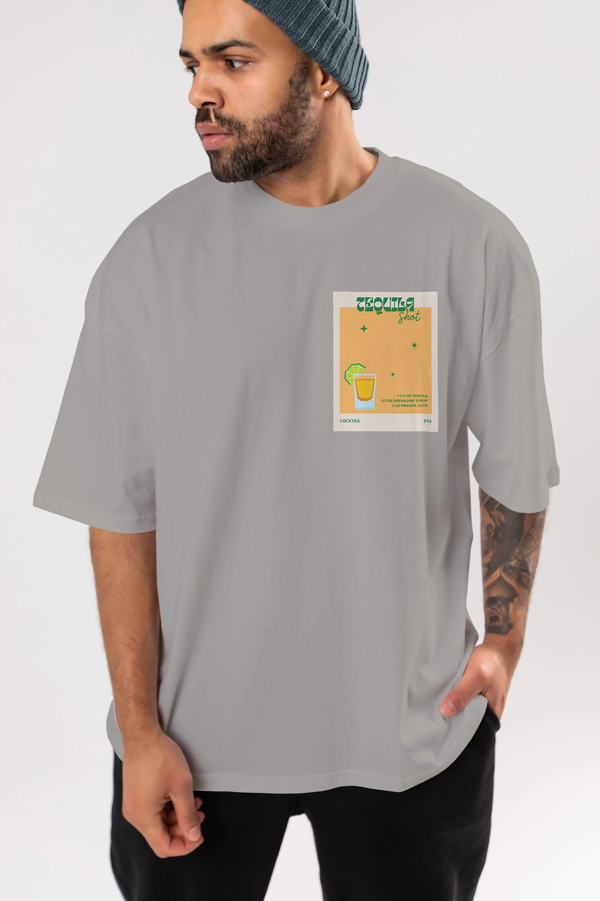 Tequila Shot 2 Ön Sol Baskılı Oversize t-shirt Erkek Kadın Unisex %100 Pamuk Bisiklet Yaka tişort