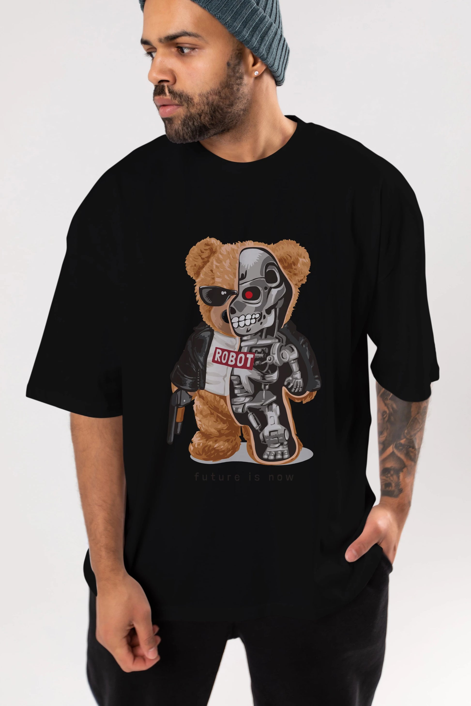 Teddy Bear Robot Ön Baskılı Oversize t-shirt Erkek Kadın Unisex %100 Pamuk