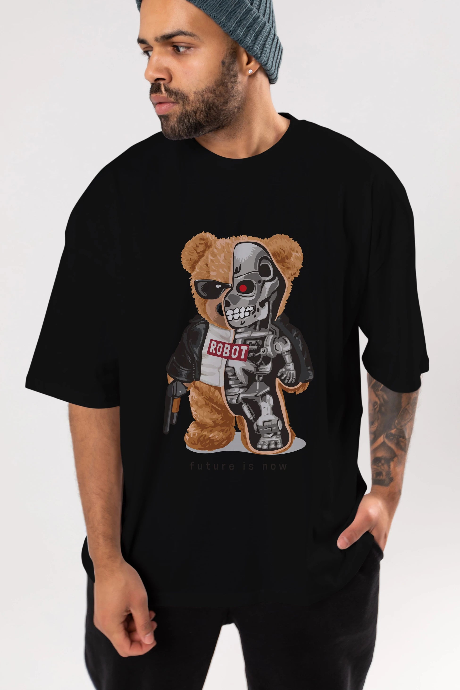 Teddy Bear Robot Ön Baskılı Oversize t-shirt Erkek Kadın Unisex %100 Pamuk