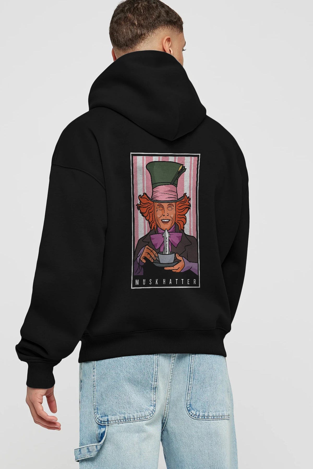 Mad Hatter Elon Musk Arka Baskılı Hoodie Oversize Kapüşonlu Sweatshirt Erkek Kadın Unisex