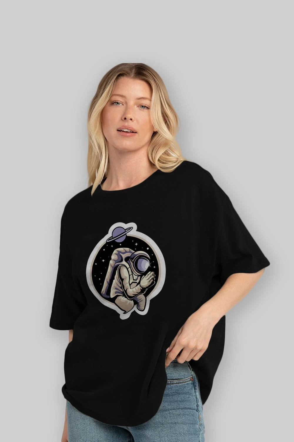 Astronaut Praying Sticker Ön Baskılı Oversize t-shirt Erkek Kadın Unisex