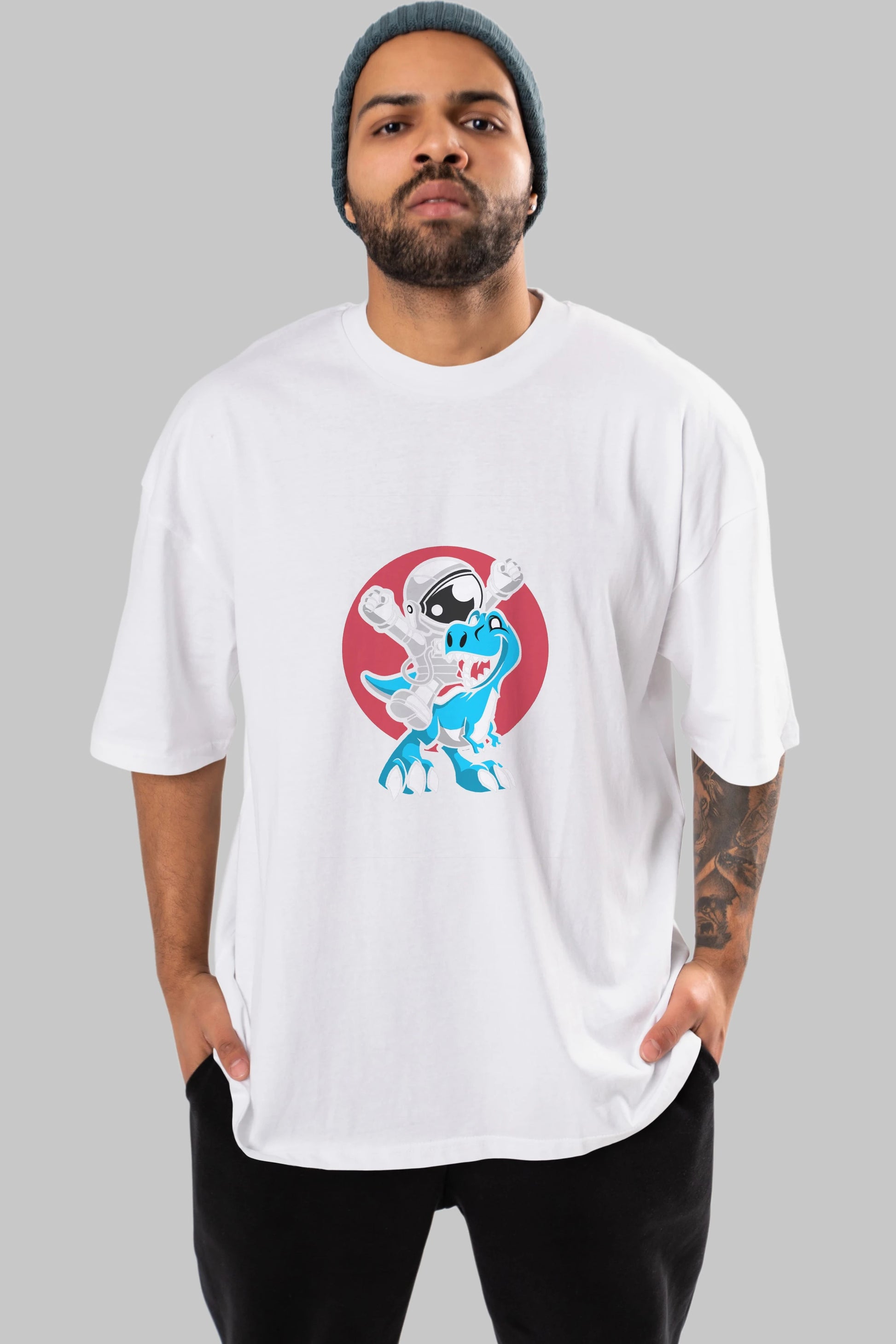 Astronaut Dino Ön Baskılı Oversize t-shirt Erkek Kadın Unisex %100 Pamuk tişort