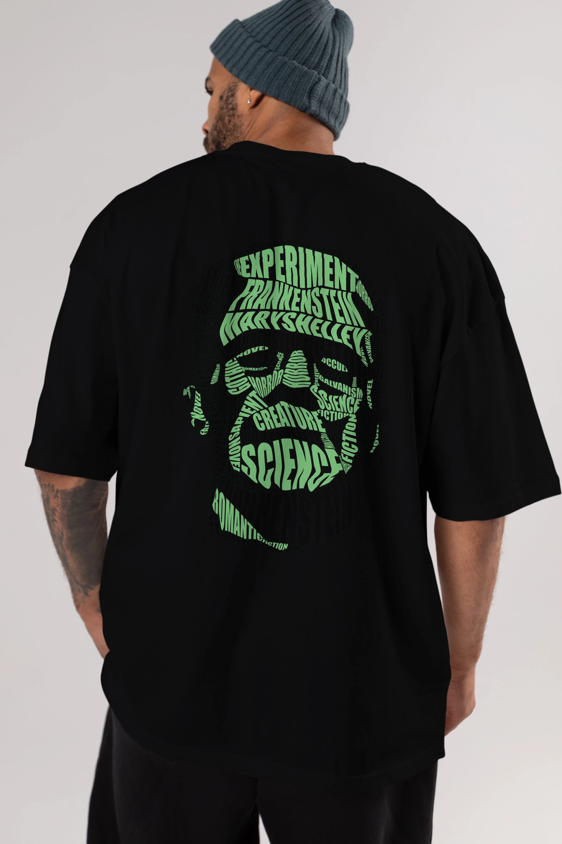 Frankenstein Calligram Arka Baskılı Oversize t-shirt %100 pamuk Erkek Kadın Unisex