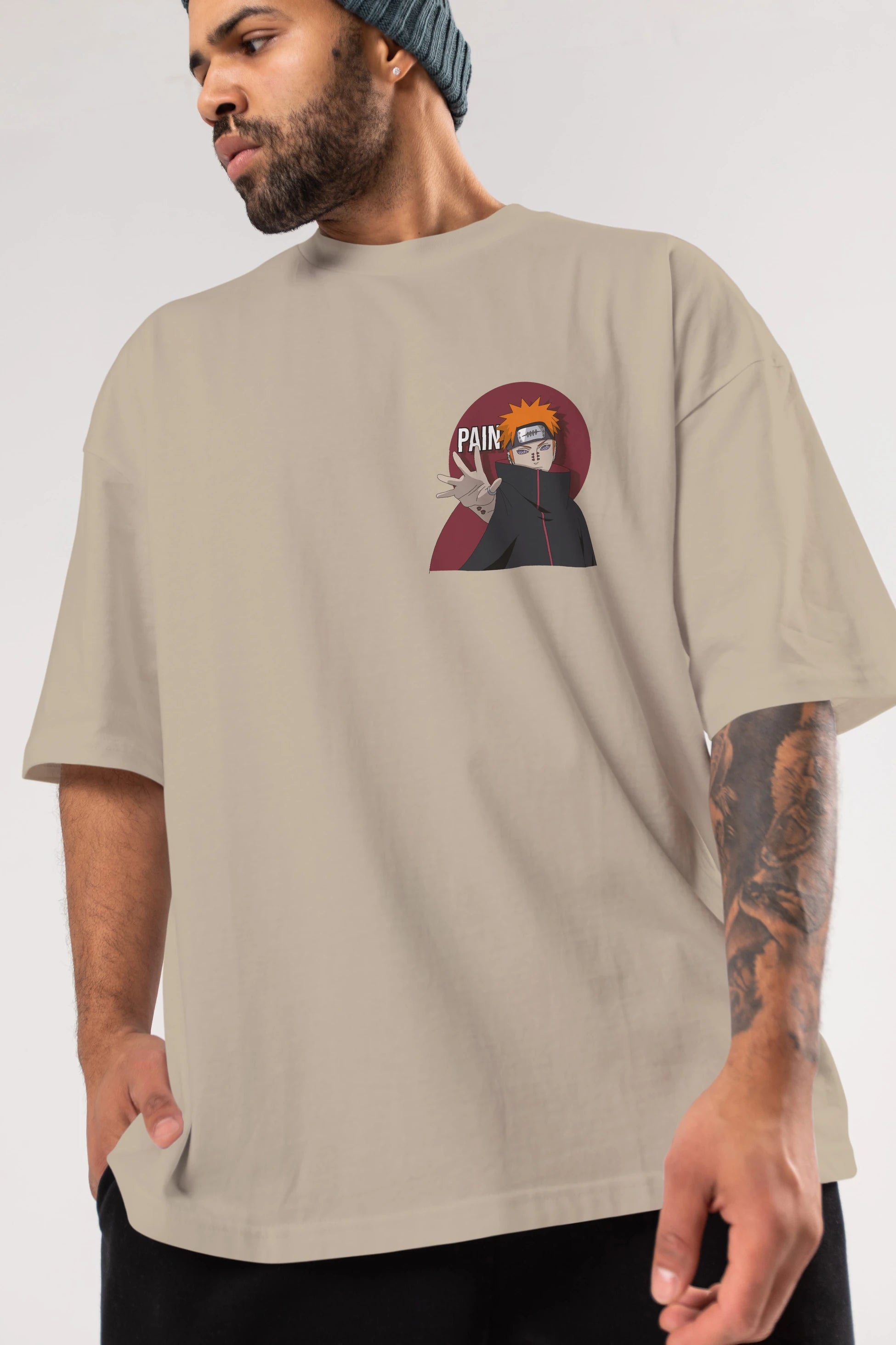 PAIN NARUTO Ön Sol Baskılı Oversize t-shirt Erkek Kadın Unisex %100 Pamuk Bisiklet Yaka tişort
