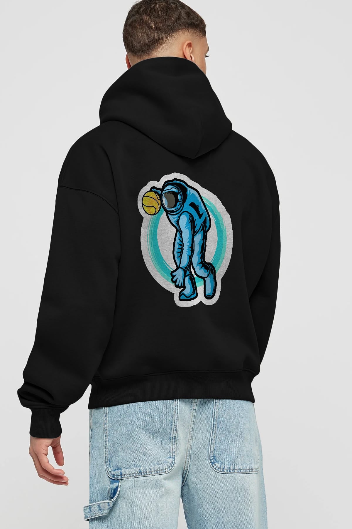 Astronaut Dribble Sticker Arka Baskılı Hoodie Oversize Kapüşonlu Sweatshirt Erkek Kadın Unisex