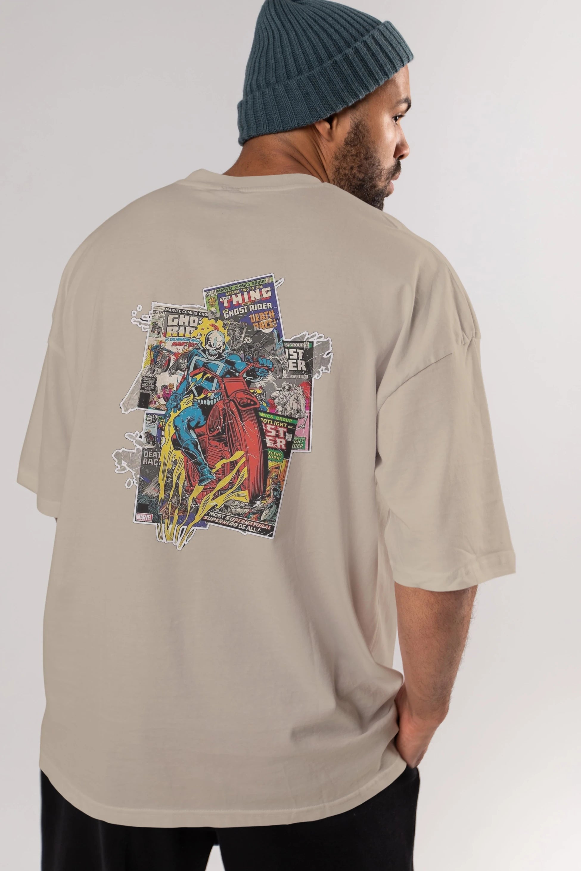 Ghost Rider Arka Baskılı Oversize t-shirt Erkek Kadın Unisex %100 Pamuk Bisiklet Yaka tişort